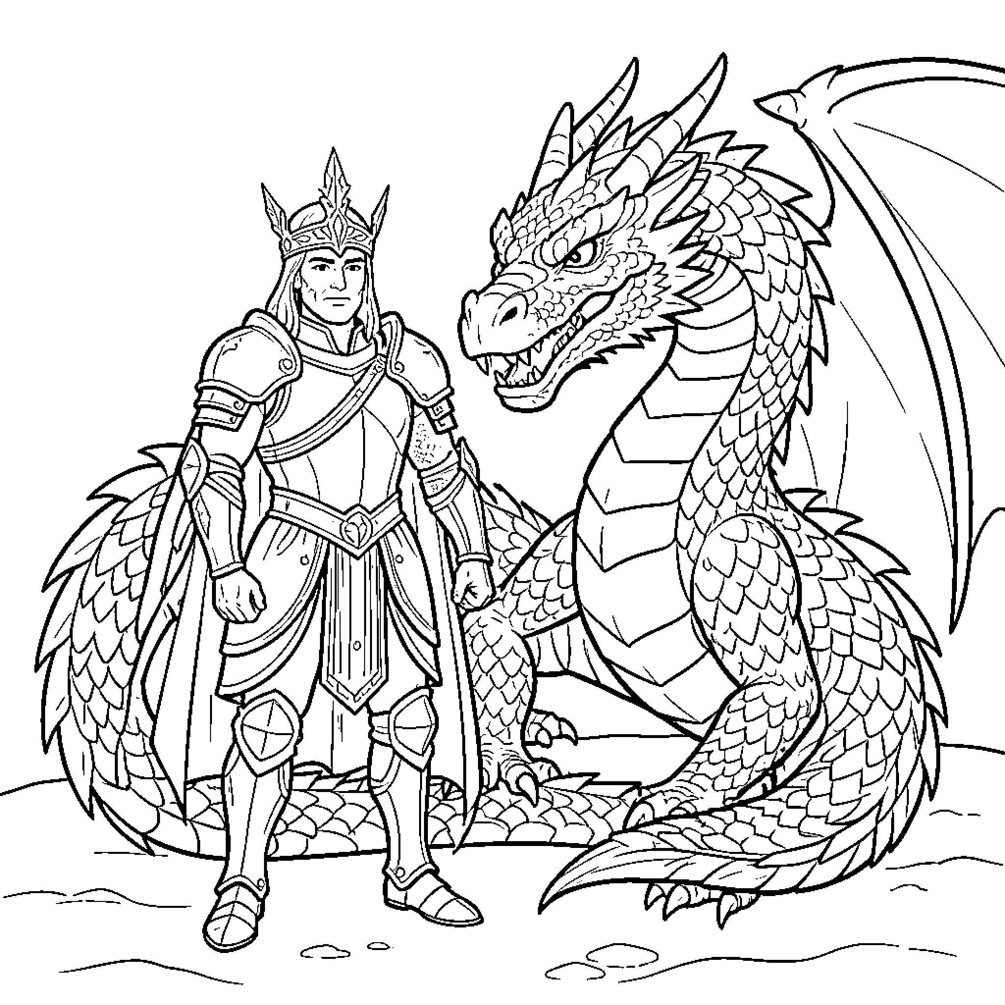 Saint George and the Mighty Dragon Coloring Page (free black-and-white line drawing printable PDF for all, from beginners to advanced learners, including children, teens, adults, and seniors)