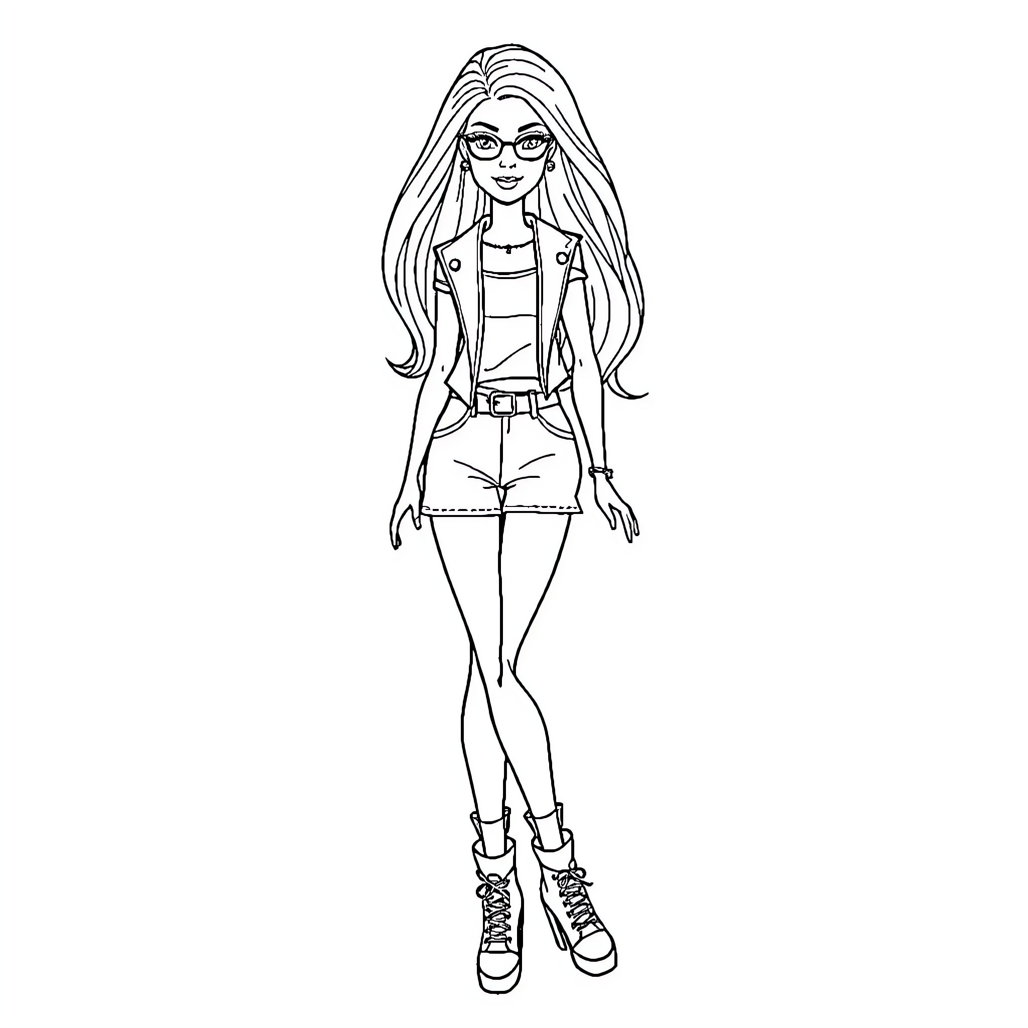 Barbie in casual attire with glasses Coloring Page (free black-and-white line drawing printable PDF for all, from beginners to advanced learners, including children, teens, adults, and seniors)