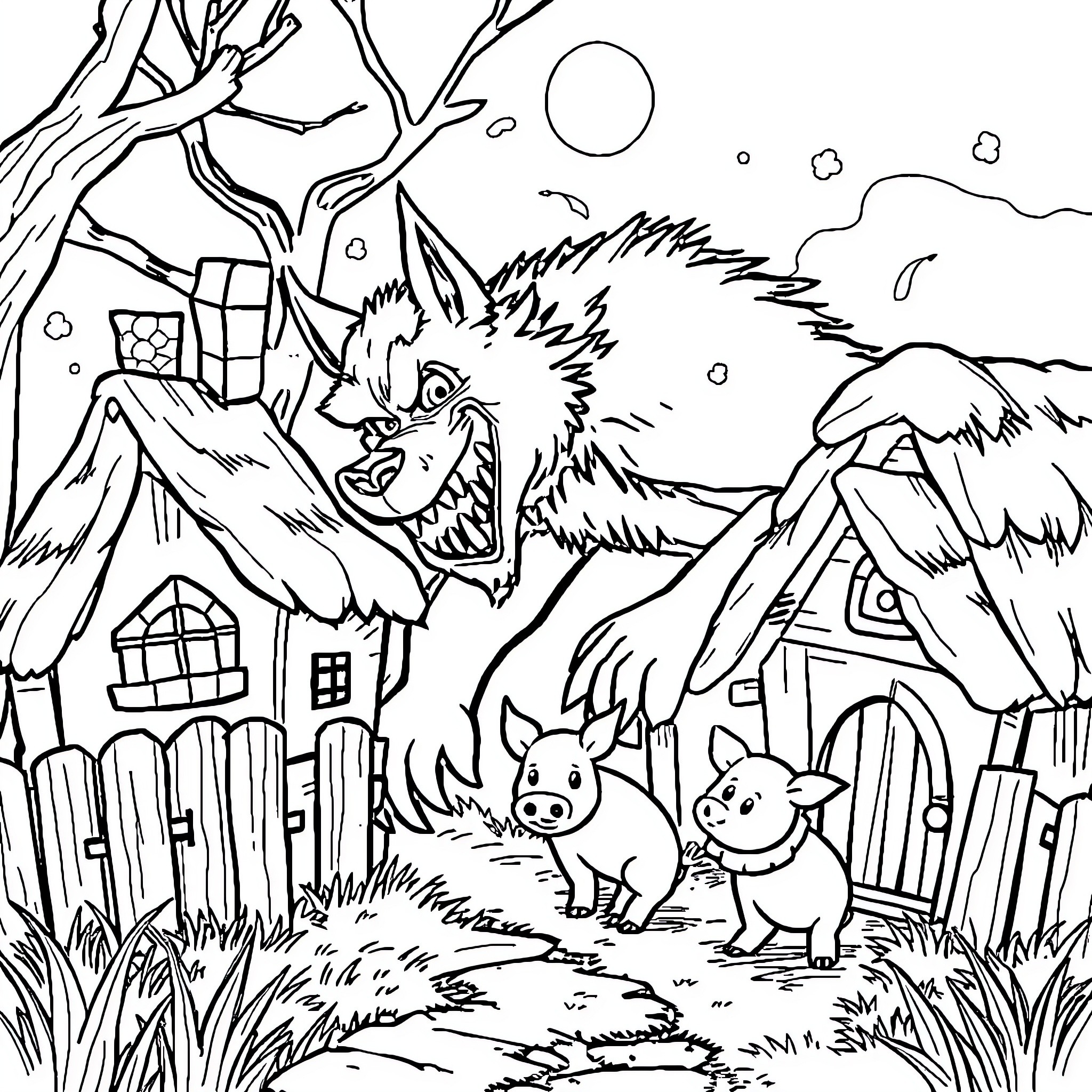 Wolf howling at the moon in a rural village Coloring Page (free black-and-white line drawing printable PDF for all, from beginners to advanced learners, including children, teens, adults, and seniors)