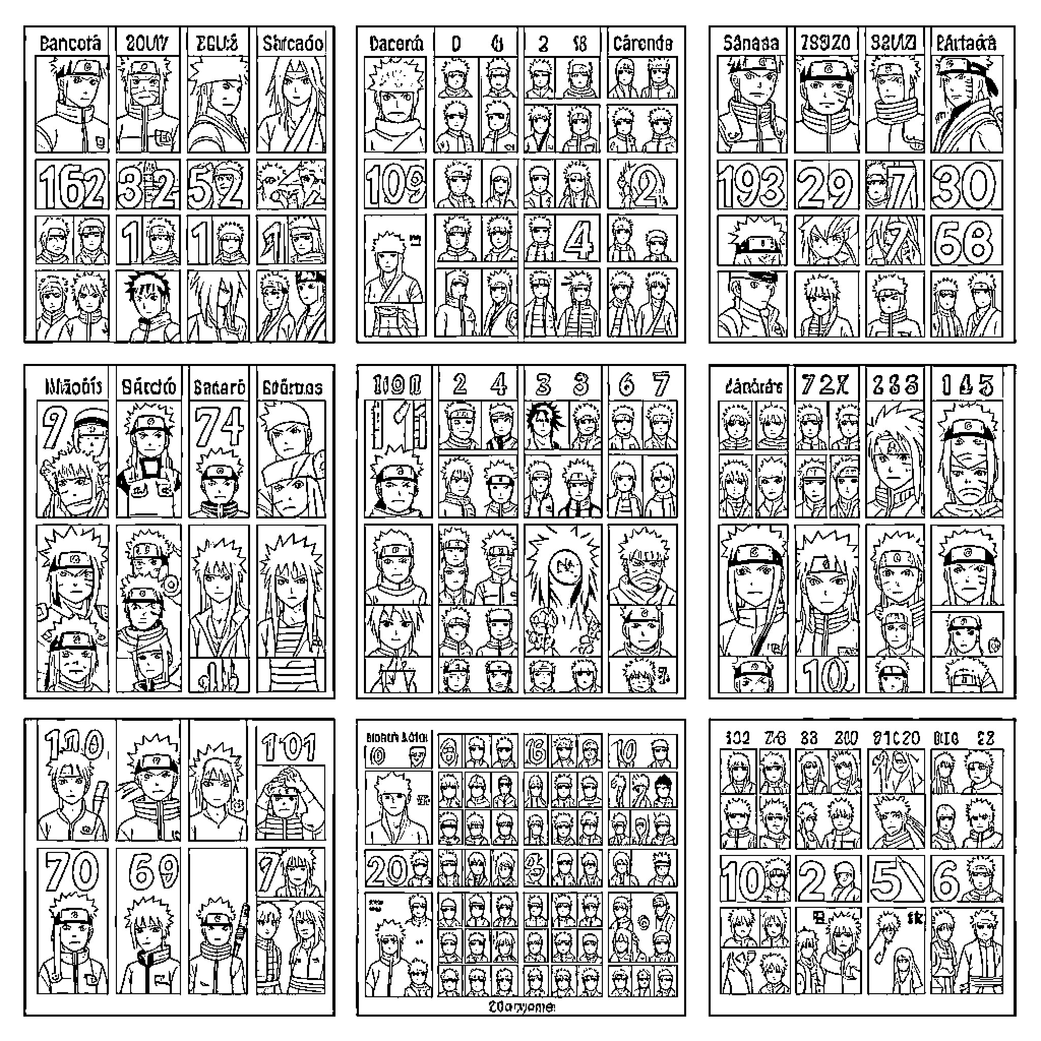 Naruto characters arranged in a numbered grid pattern Coloring Page (free black-and-white line drawing printable PDF for all, from beginners to advanced learners, including children, teens, adults, and seniors)