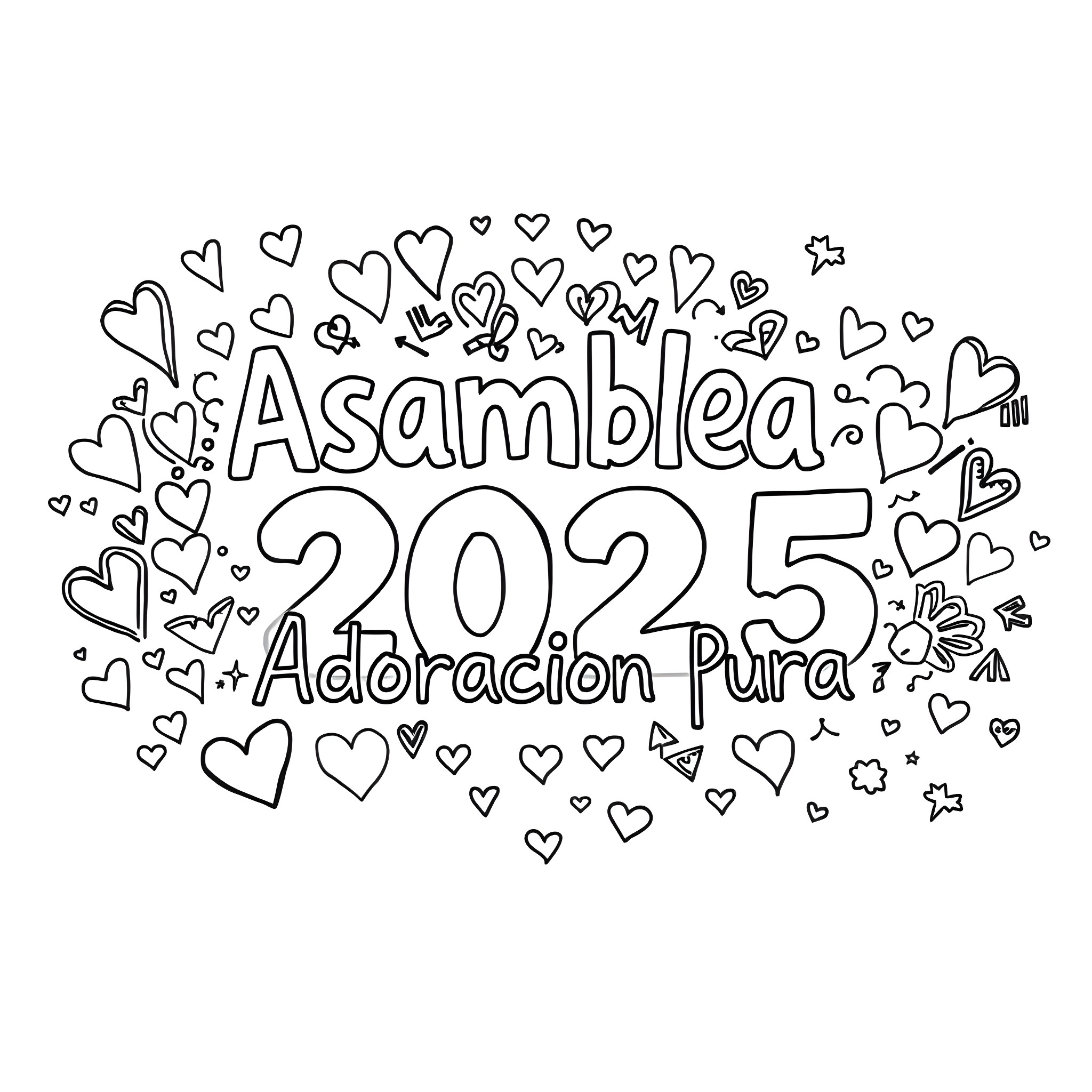 Text with hearts, stars, and words Asamblea 2025 Adoracion Pura Coloring Page (free black-and-white line drawing printable PDF for all, from beginners to advanced learners, including children, teens, adults, and seniors)