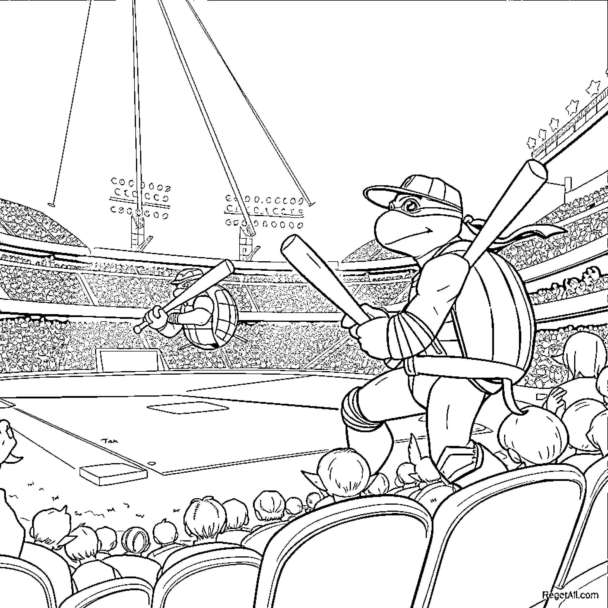Teenage Mutant Ninja Turtles playing baseball in the stadium Coloring Page (free black-and-white line drawing printable PDF for all, from beginners to advanced learners, including children, teens, adults, and seniors)