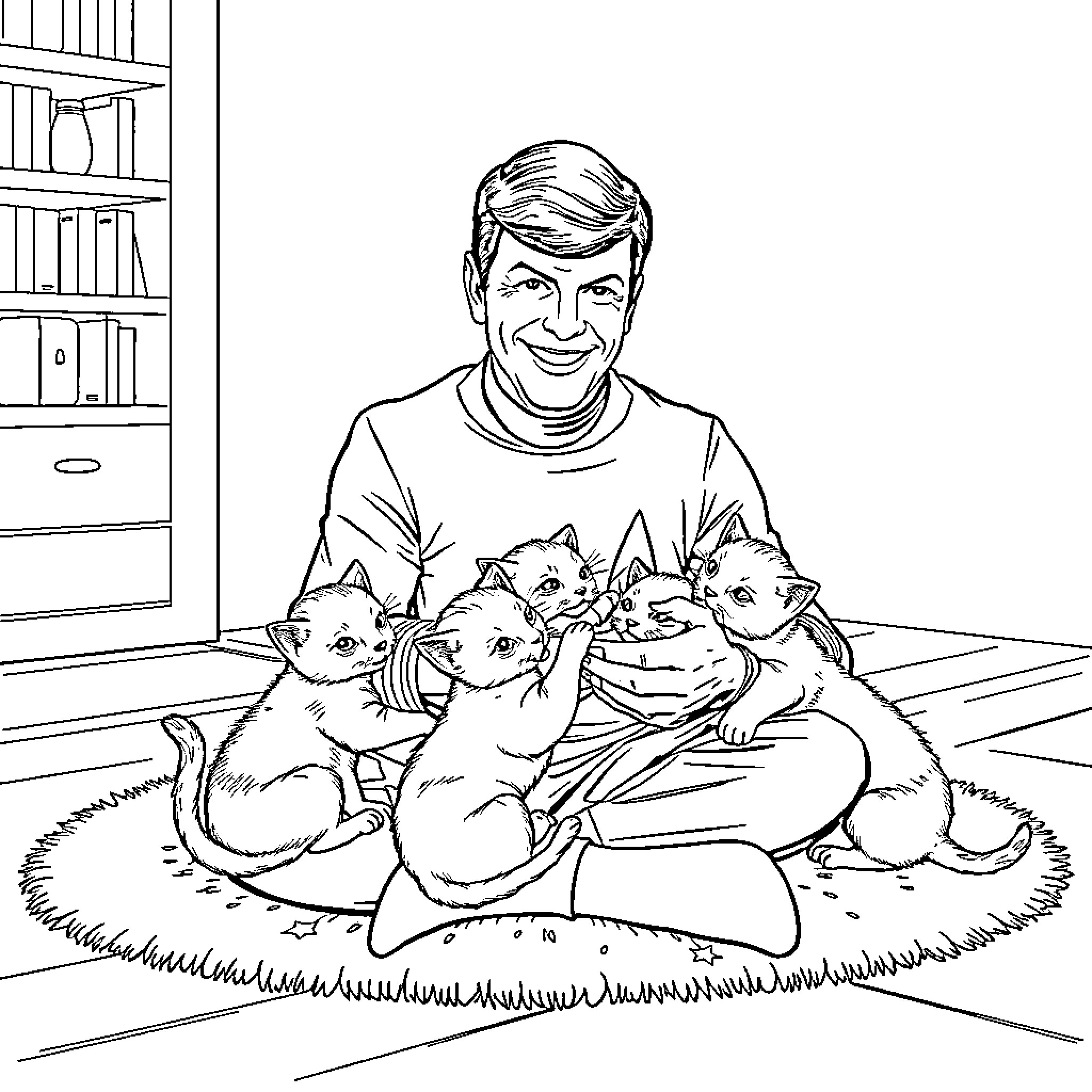 Captain Kirk enjoying a moment with kittens Coloring Page (free black-and-white line drawing printable PDF for all, from beginners to advanced learners, including children, teens, adults, and seniors)