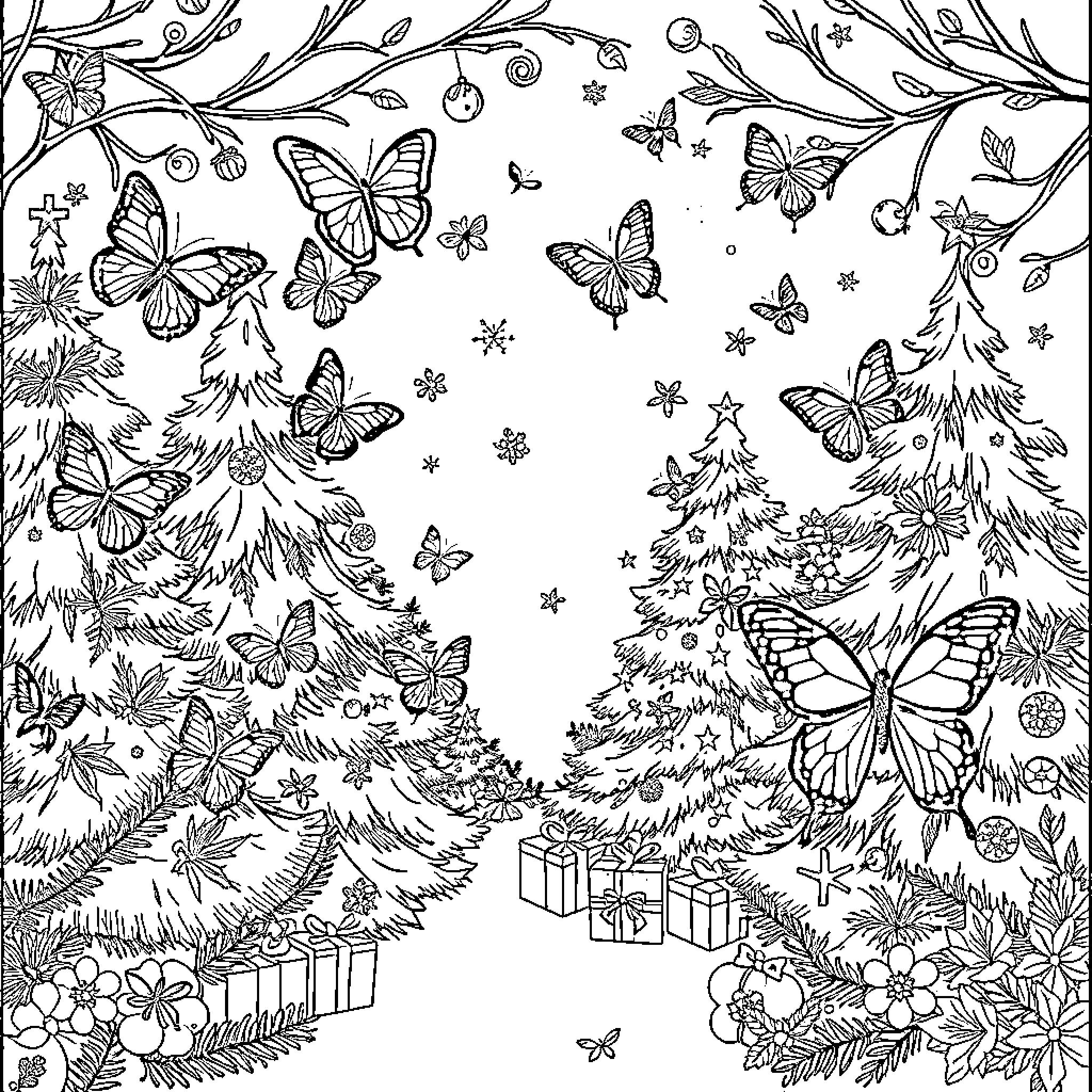 Butterfly Winterscape with Whimsical Decor Coloring Page (free black-and-white line drawing printable PDF for all, from beginners to advanced learners, including children, teens, adults, and seniors)
