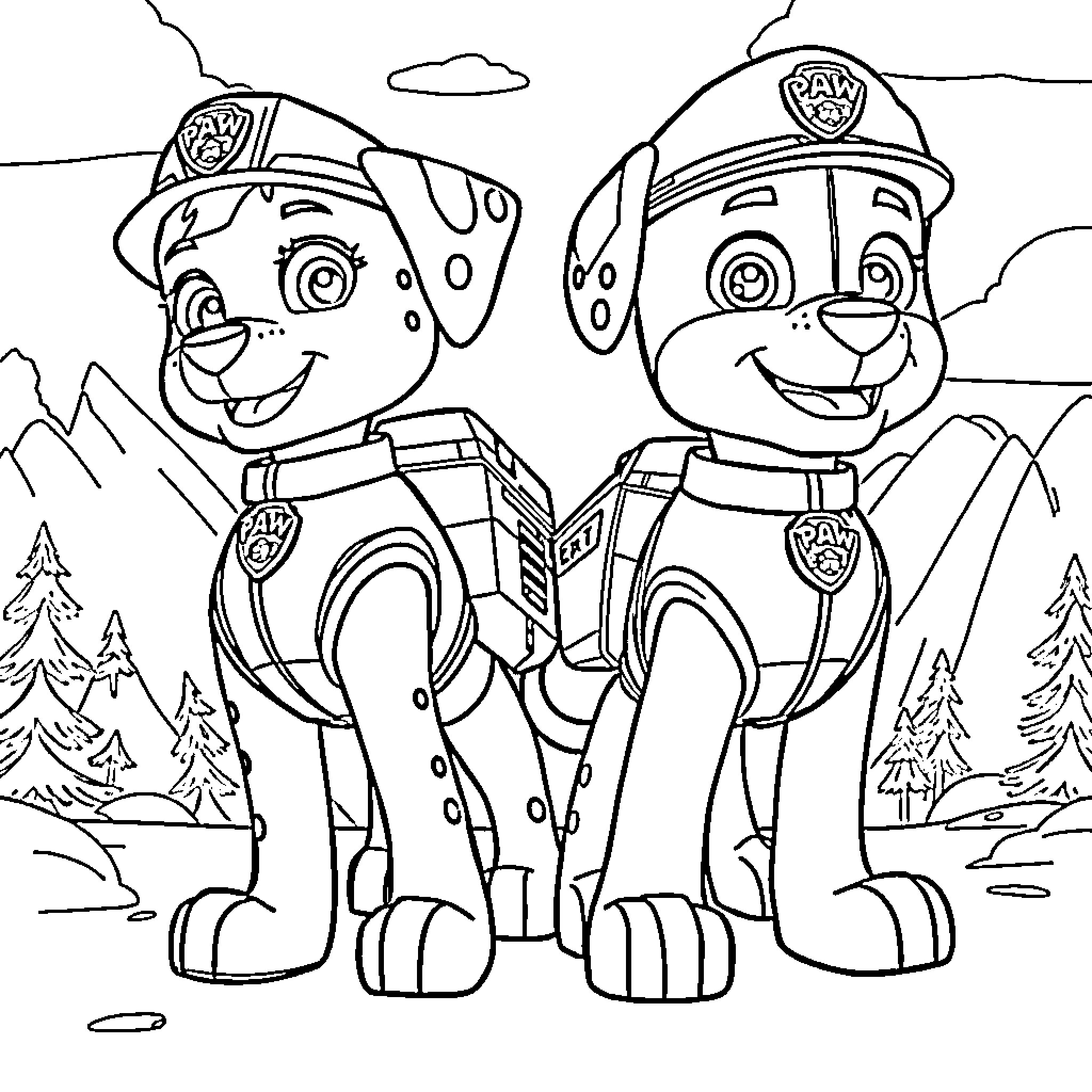 Paw Patrol Pups in Adventurous Gear Coloring Page (free black-and-white line drawing printable PDF for all, from beginners to advanced learners, including children, teens, adults, and seniors)
