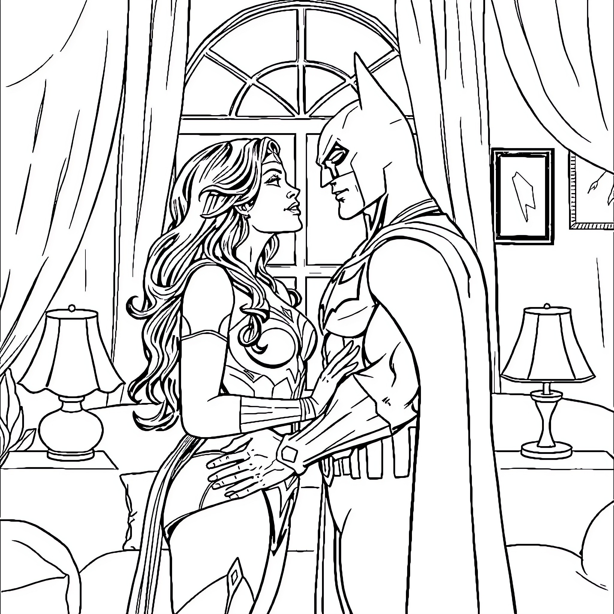 Wonder Woman and Batman Romantic Encounter Coloring Page (free black-and-white line drawing printable PDF for all, from beginners to advanced learners, including children, teens, adults, and seniors)