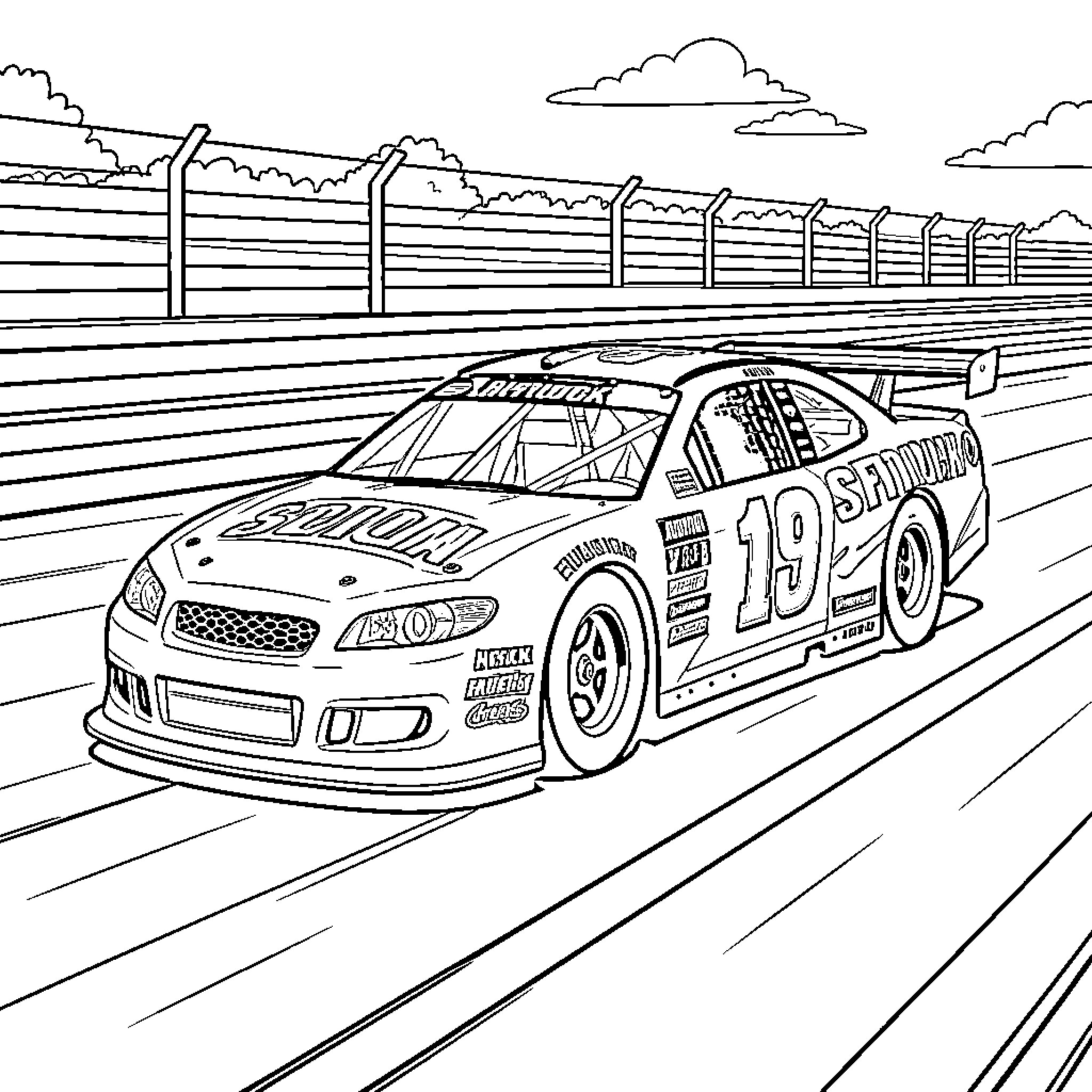 Stock Car racing fast on a professional track Coloring Page (free black-and-white line drawing printable PDF for all, from beginners to advanced learners, including children, teens, adults, and seniors)