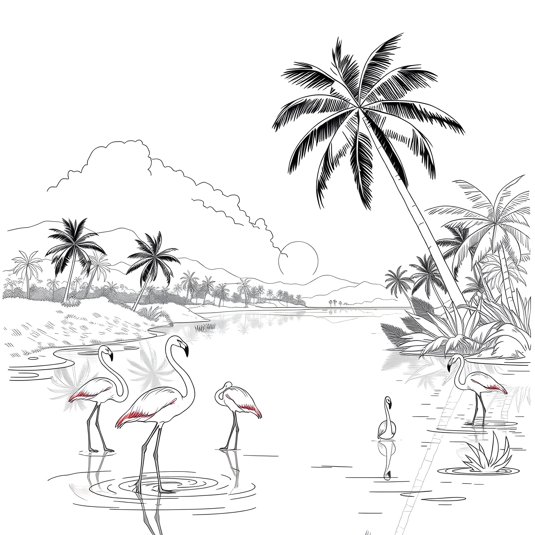 Flamingos frolicking in a tropical paradise Coloring Page (free black-and-white line drawing printable PDF for all, from beginners to advanced learners, including children, teens, adults, and seniors)
