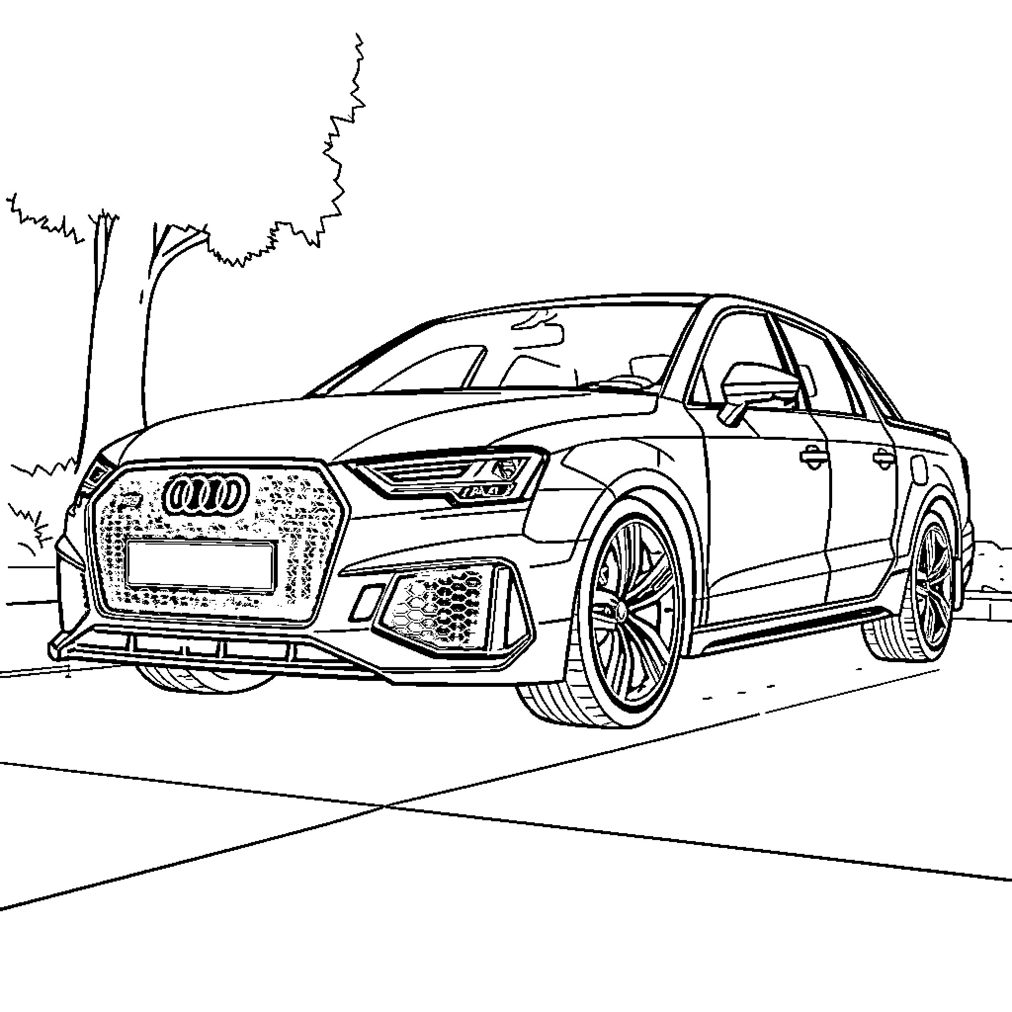 Car parked on the street with a modern design Coloring Page (free black-and-white line drawing printable PDF for all, from beginners to advanced learners, including children, teens, adults, and seniors)