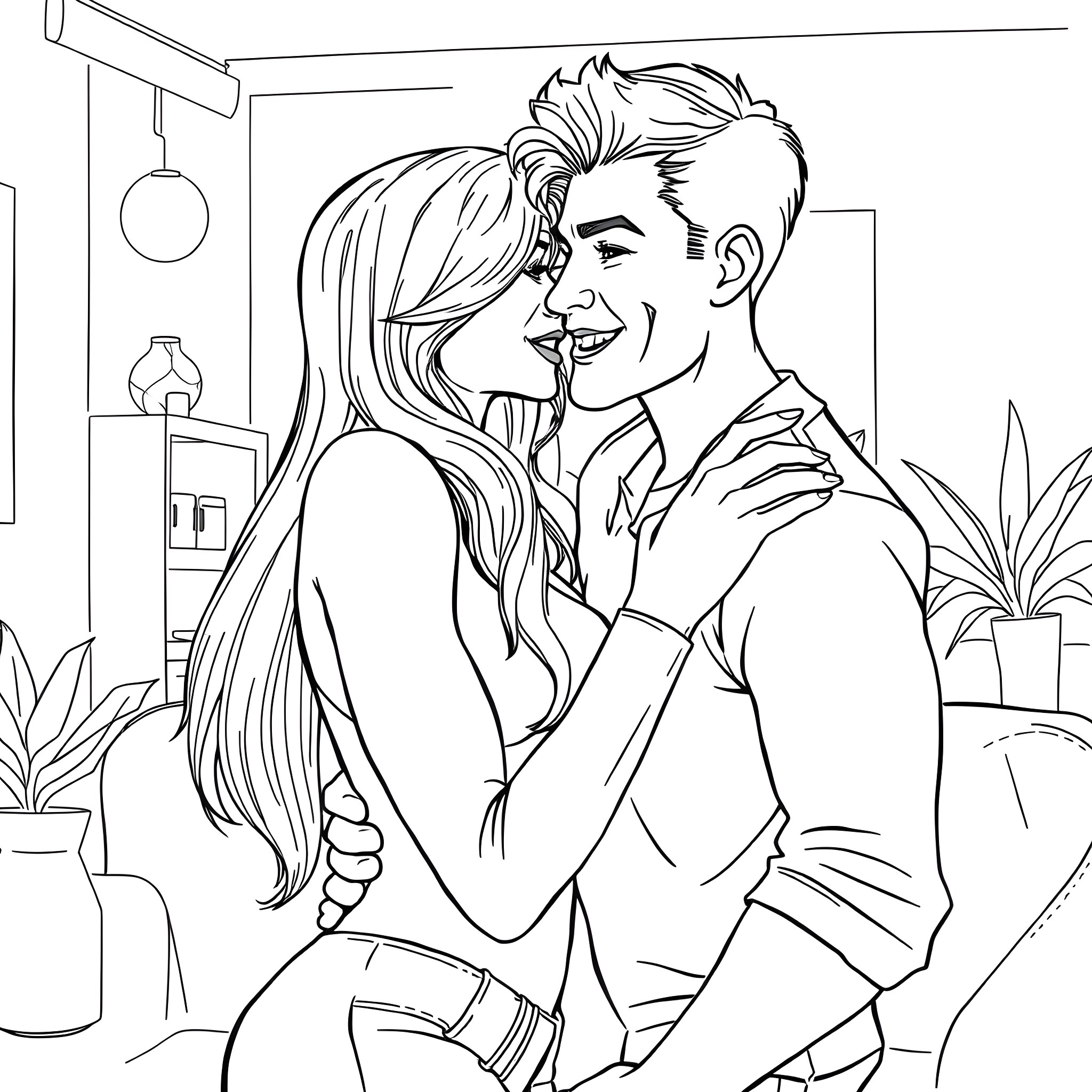 Woman embracing her partner with affection Coloring Page (free black-and-white line drawing printable PDF for all, from beginners to advanced learners, including children, teens, adults, and seniors)