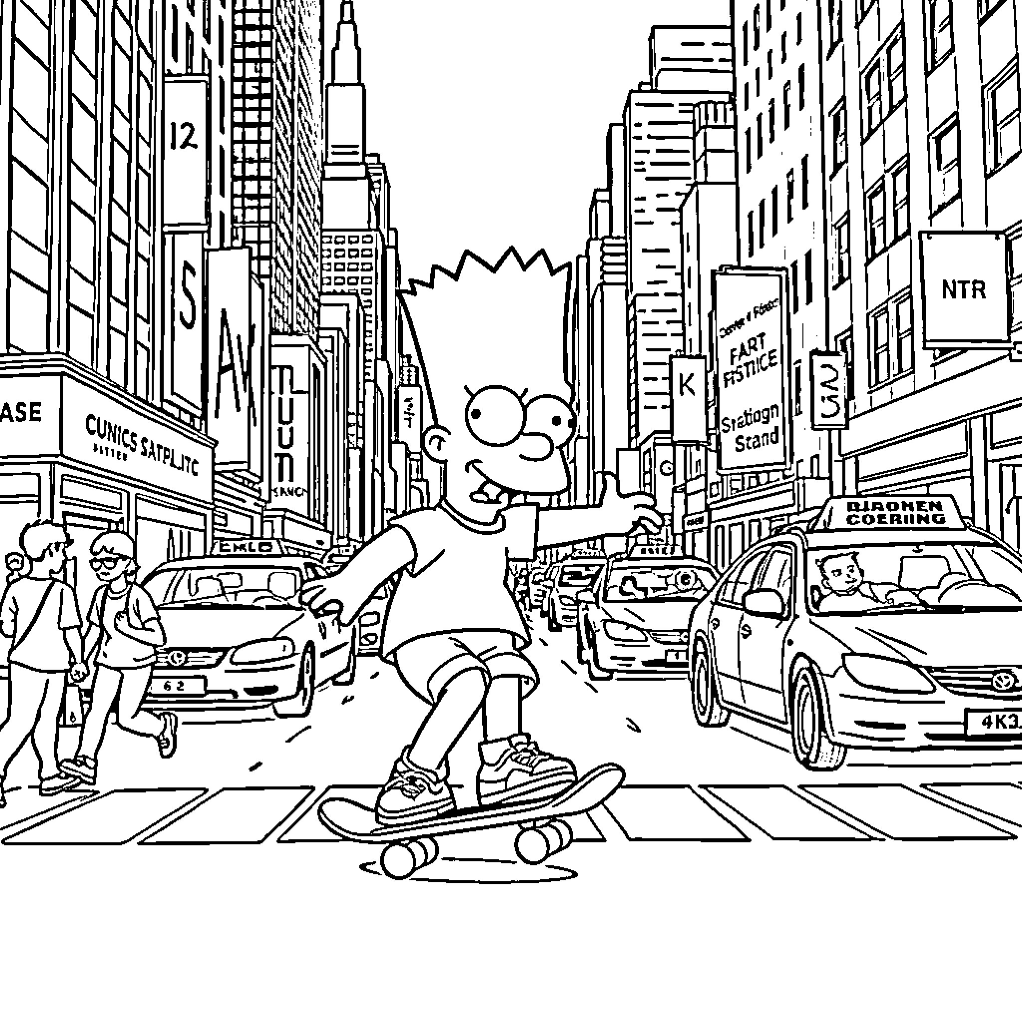 Bart Simpson skateboarding through busy city streets Coloring Page (free black-and-white line drawing printable PDF for all, from beginners to advanced learners, including children, teens, adults, and seniors)