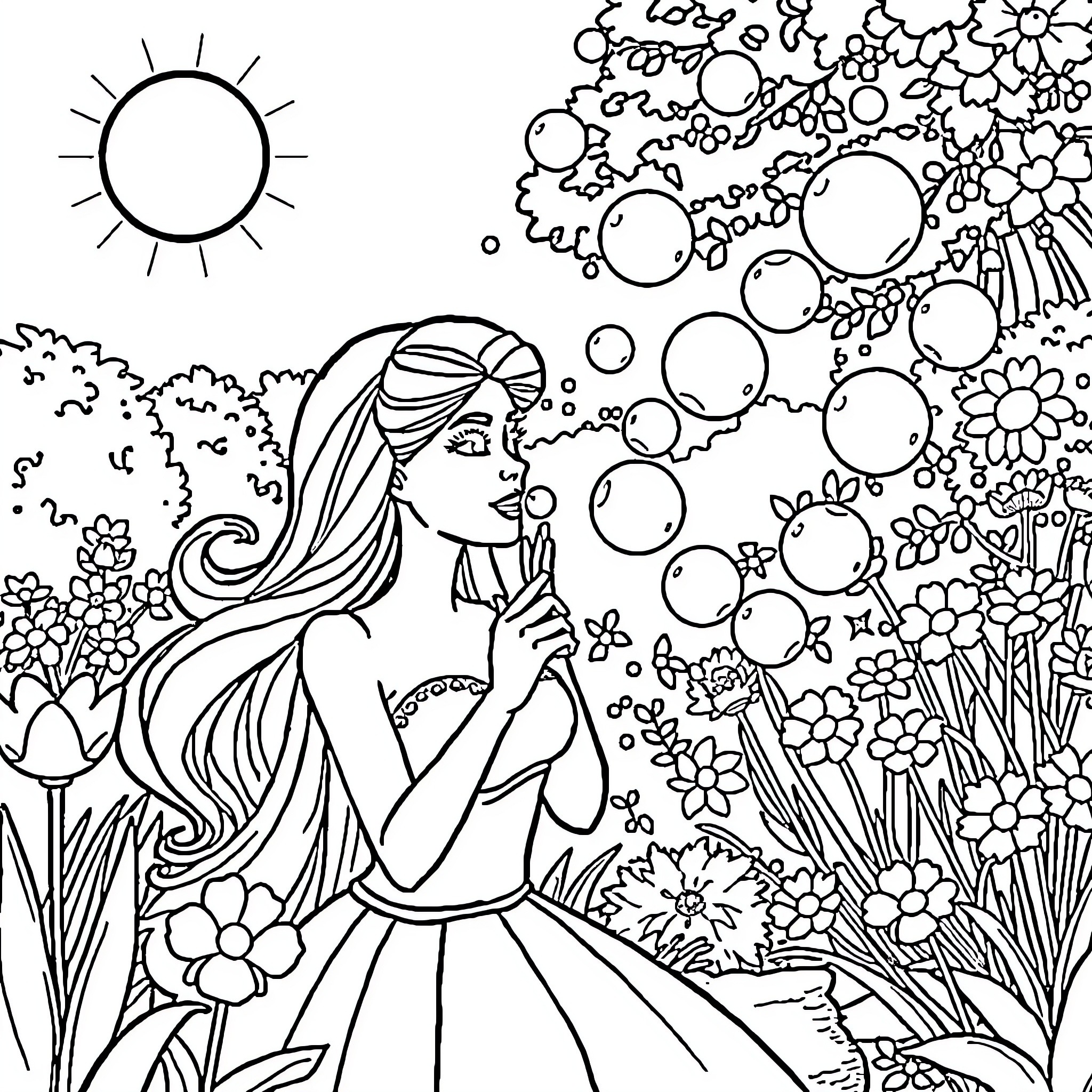 Barbie blowing bubbles in a floral garden Coloring Page (free black-and-white line drawing printable PDF for all, from beginners to advanced learners, including children, teens, adults, and seniors)