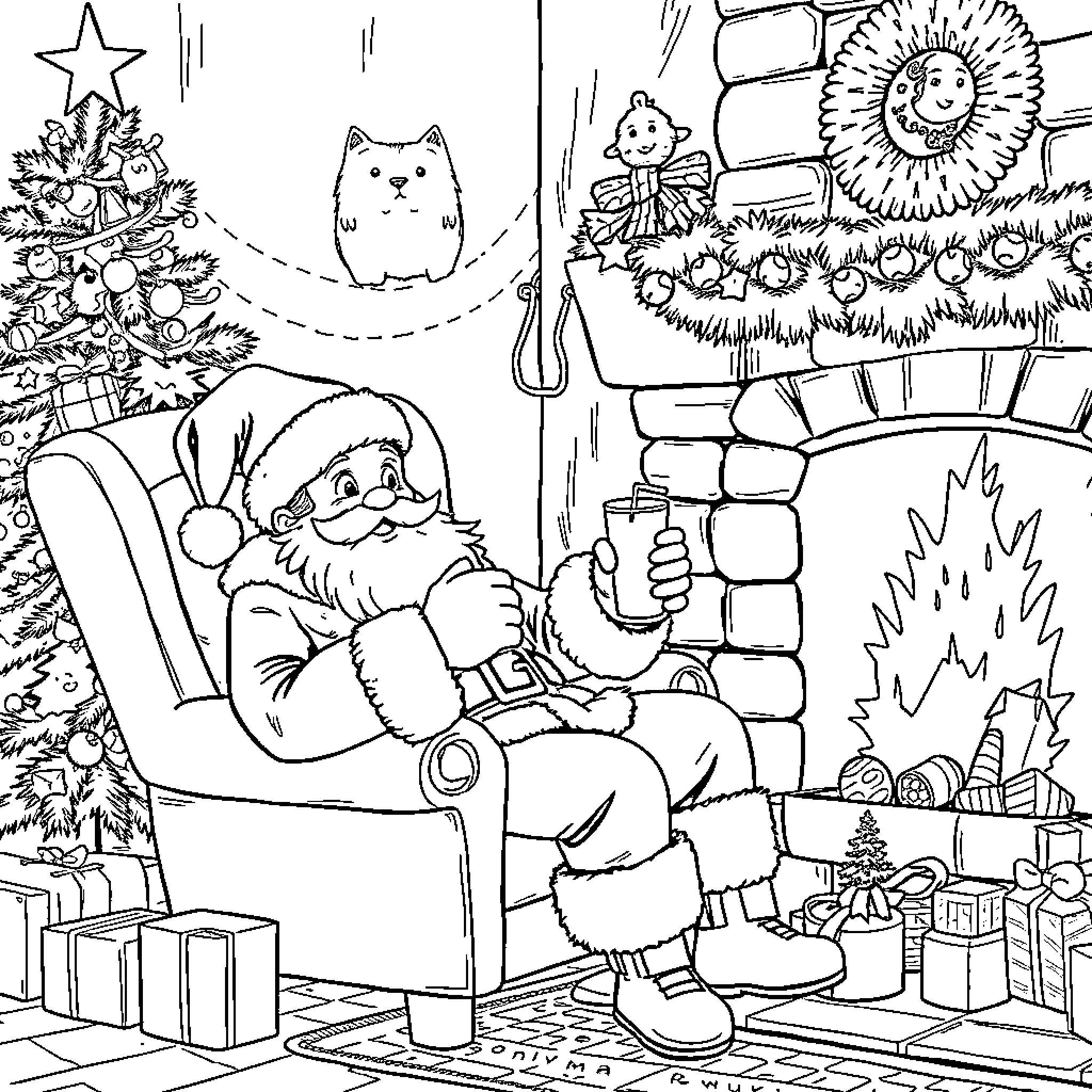 Santa relaxing by the fireplace with Christmas decorations Coloring Page (free black-and-white line drawing printable PDF for all, from beginners to advanced learners, including children, teens, adults, and seniors)