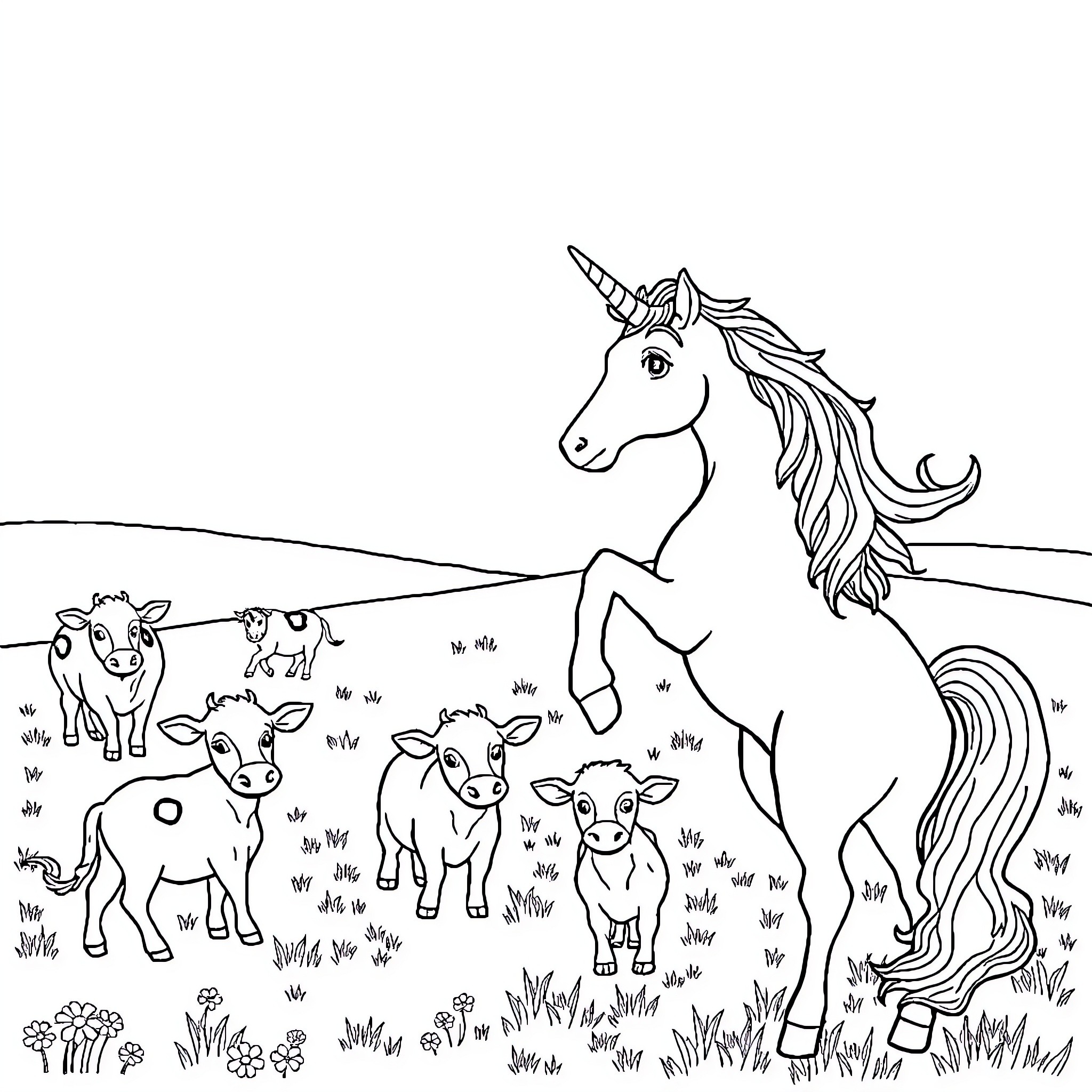 Unicorn and Magical Creatures in the Field Coloring Page (free black-and-white line drawing printable PDF for all, from beginners to advanced learners, including children, teens, adults, and seniors)