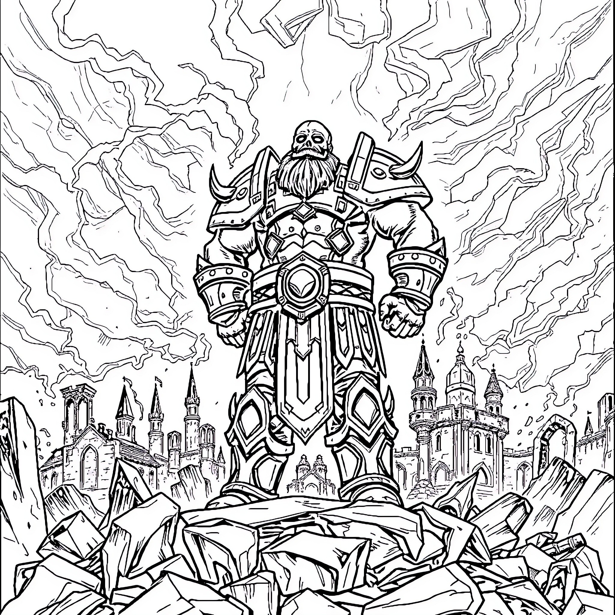 Garrosh Hellscream's Imposing Armored Presence Amid Chaos Coloring Page (free black-and-white line drawing printable PDF for all, from beginners to advanced learners, including children, teens, adults, and seniors)