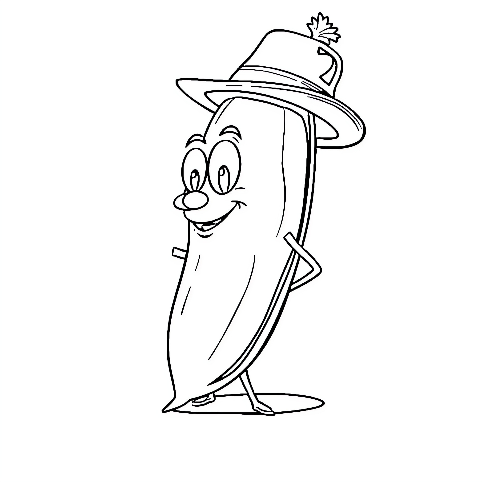 Cornichon character in whimsical hat Coloring Page (free black-and-white line drawing printable PDF for all, from beginners to advanced learners, including children, teens, adults, and seniors)