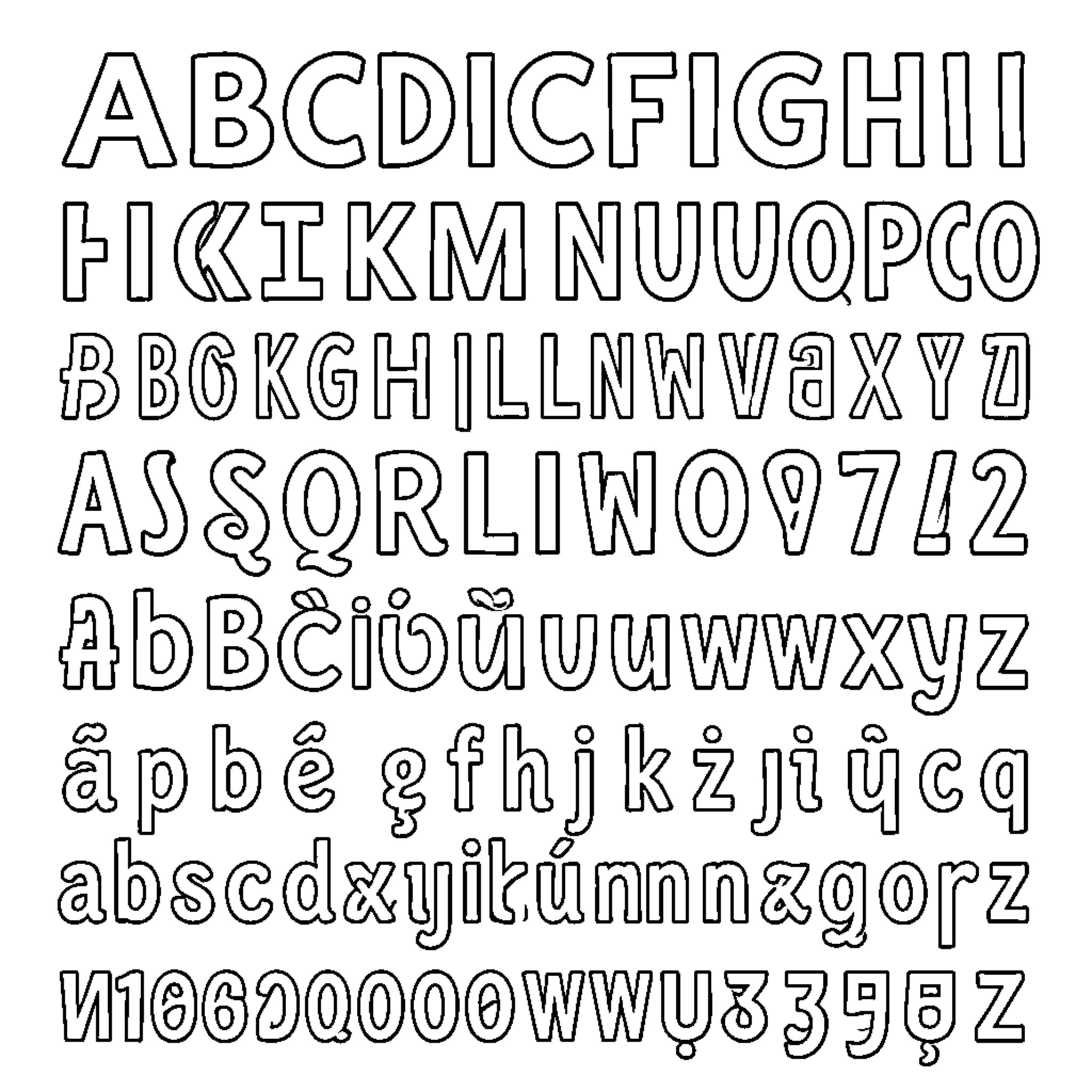 Bocals of various alphabet letters Coloring Page (free black-and-white line drawing printable PDF for all, from beginners to advanced learners, including children, teens, adults, and seniors)