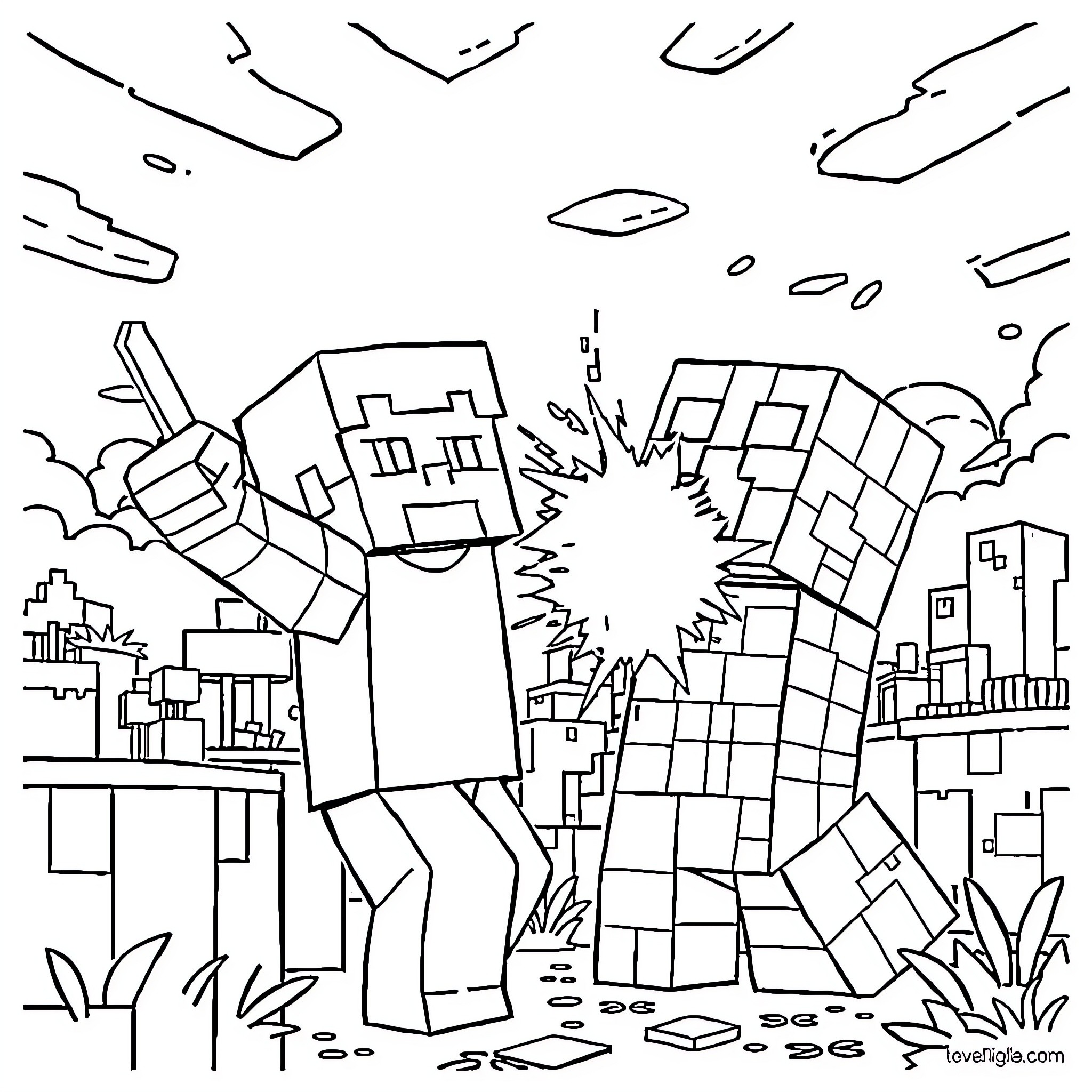 Steve's Adventurous Explorations in the Pixel Realm Coloring Page (free black-and-white line drawing printable PDF for all, from beginners to advanced learners, including children, teens, adults, and seniors)