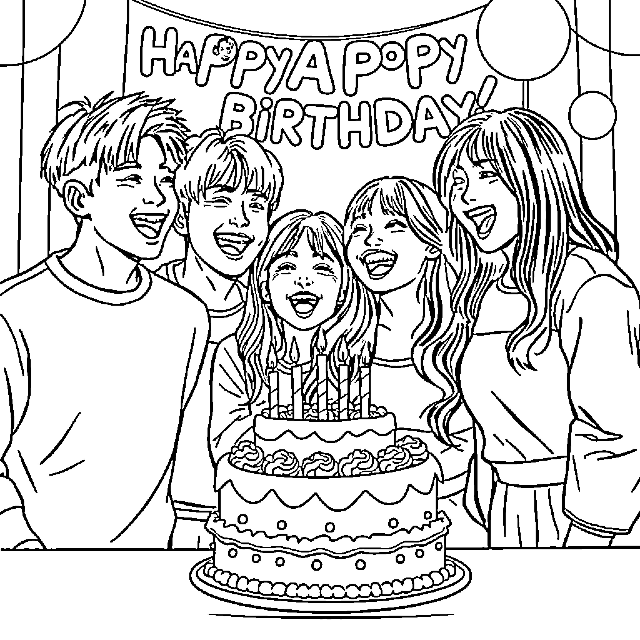 Yumi's Happy Birthday Celebration with Friends Coloring Page (free black-and-white line drawing printable PDF for all, from beginners to advanced learners, including children, teens, adults, and seniors)