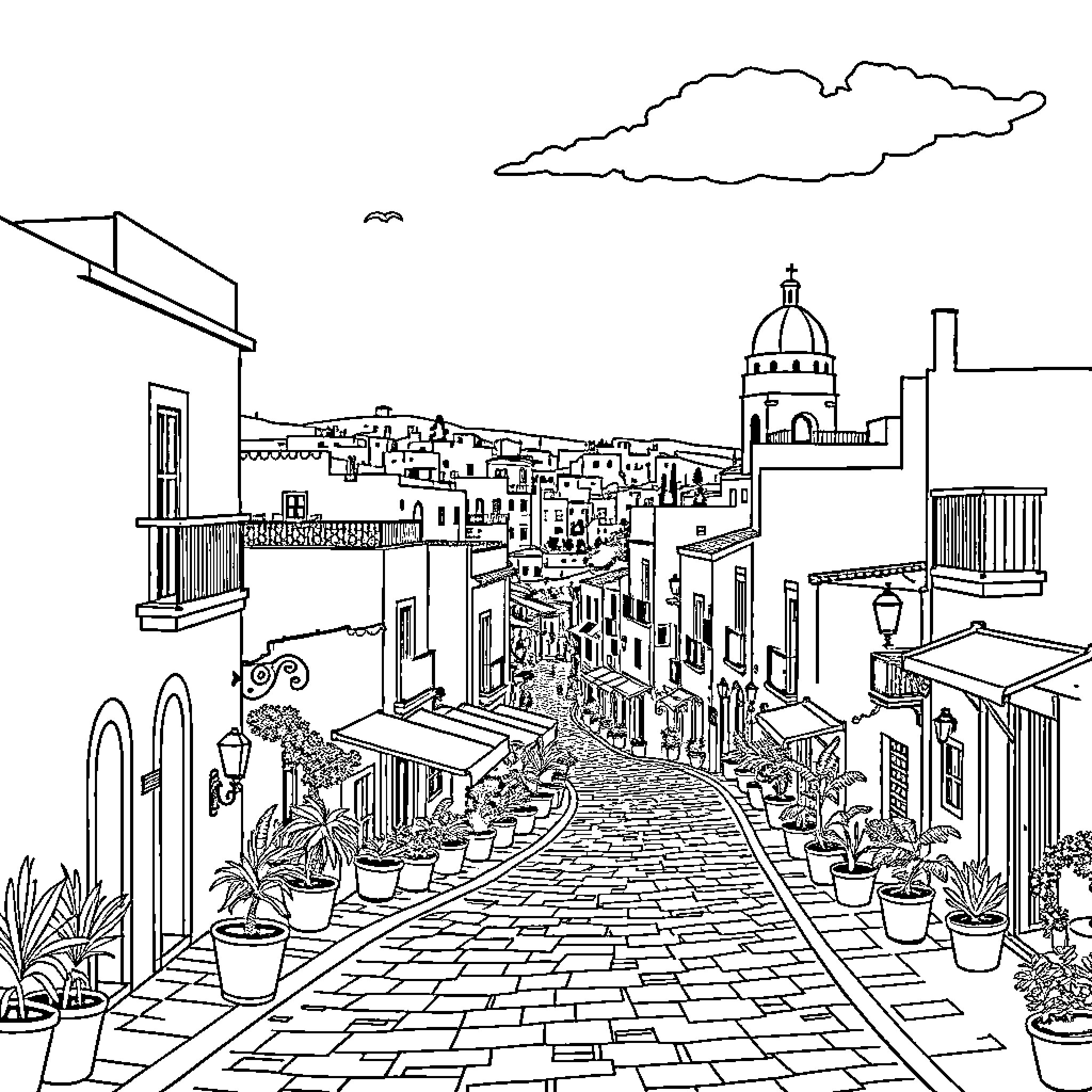 Tunisia: Vibrant Street Scene with Architectural Details Coloring Page (free black-and-white line drawing printable PDF for all, from beginners to advanced learners, including children, teens, adults, and seniors)