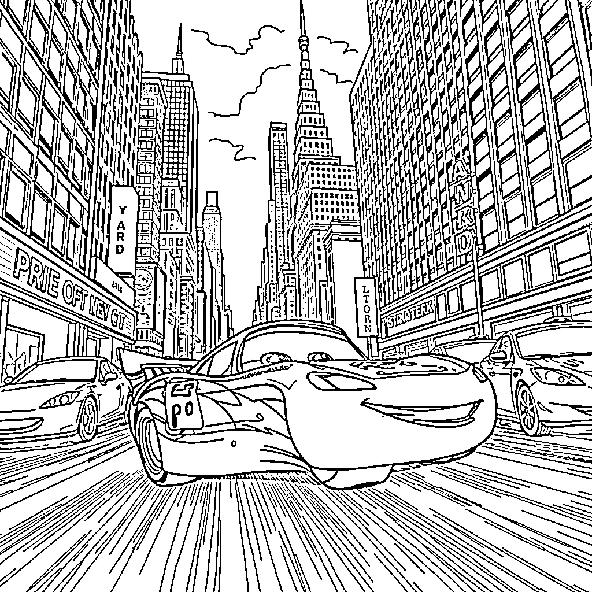 Rayo McQueen speeding through the city streets Coloring Page (free black-and-white line drawing printable PDF for all, from beginners to advanced learners, including children, teens, adults, and seniors)