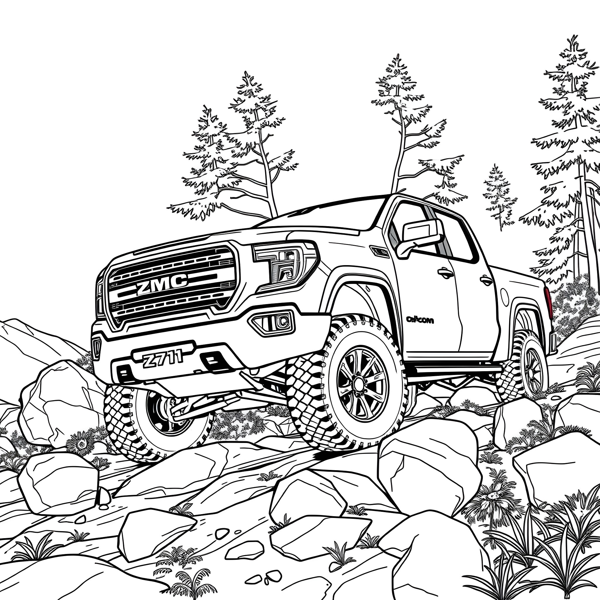 Z71 Rugged Pickup Truck Navigating Challenging Terrain Coloring Page (free black-and-white line drawing printable PDF for all, from beginners to advanced learners, including children, teens, adults, and seniors)