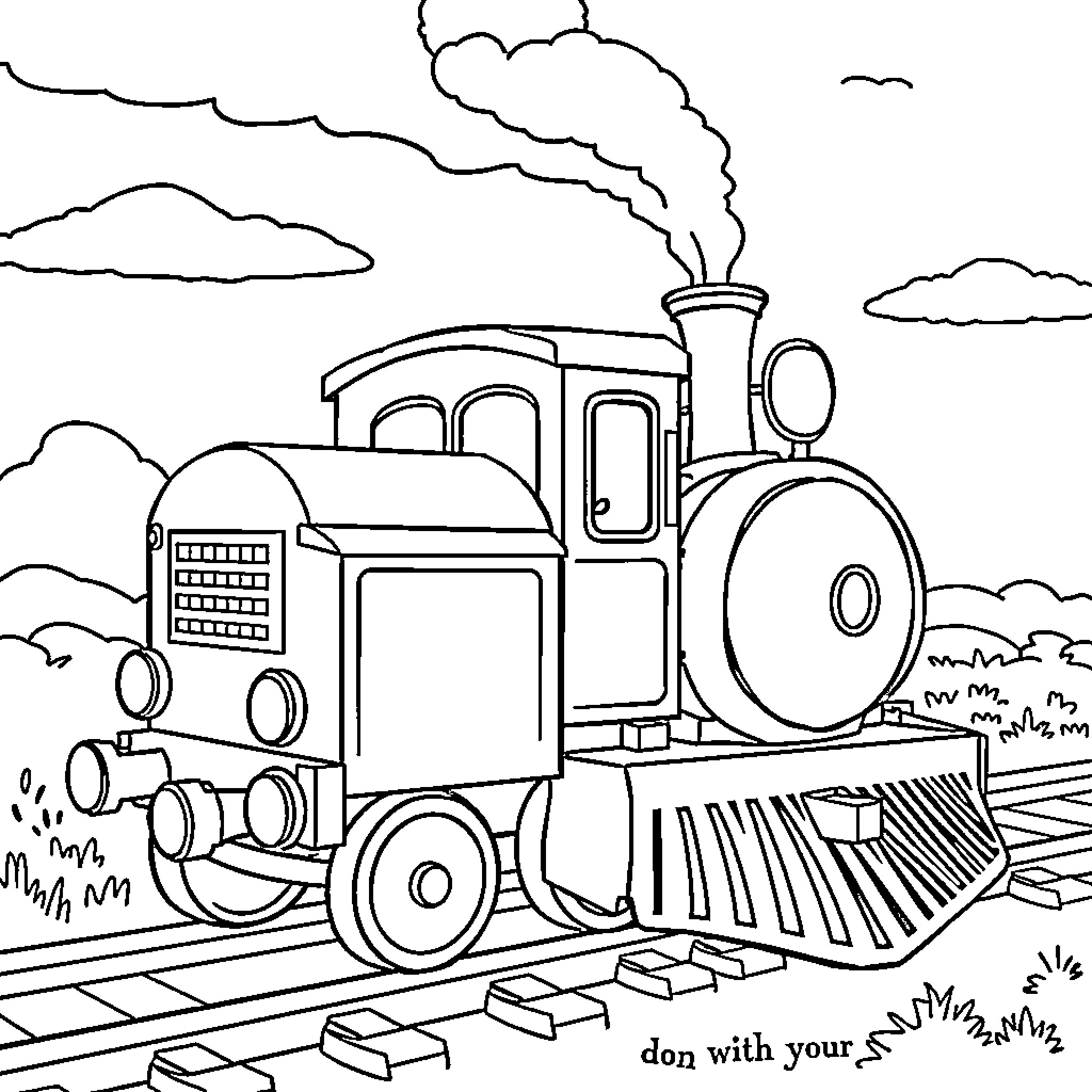 Train Traveling Through Scenic Landscape Coloring Page (free black-and-white line drawing printable PDF for all, from beginners to advanced learners, including children, teens, adults, and seniors)