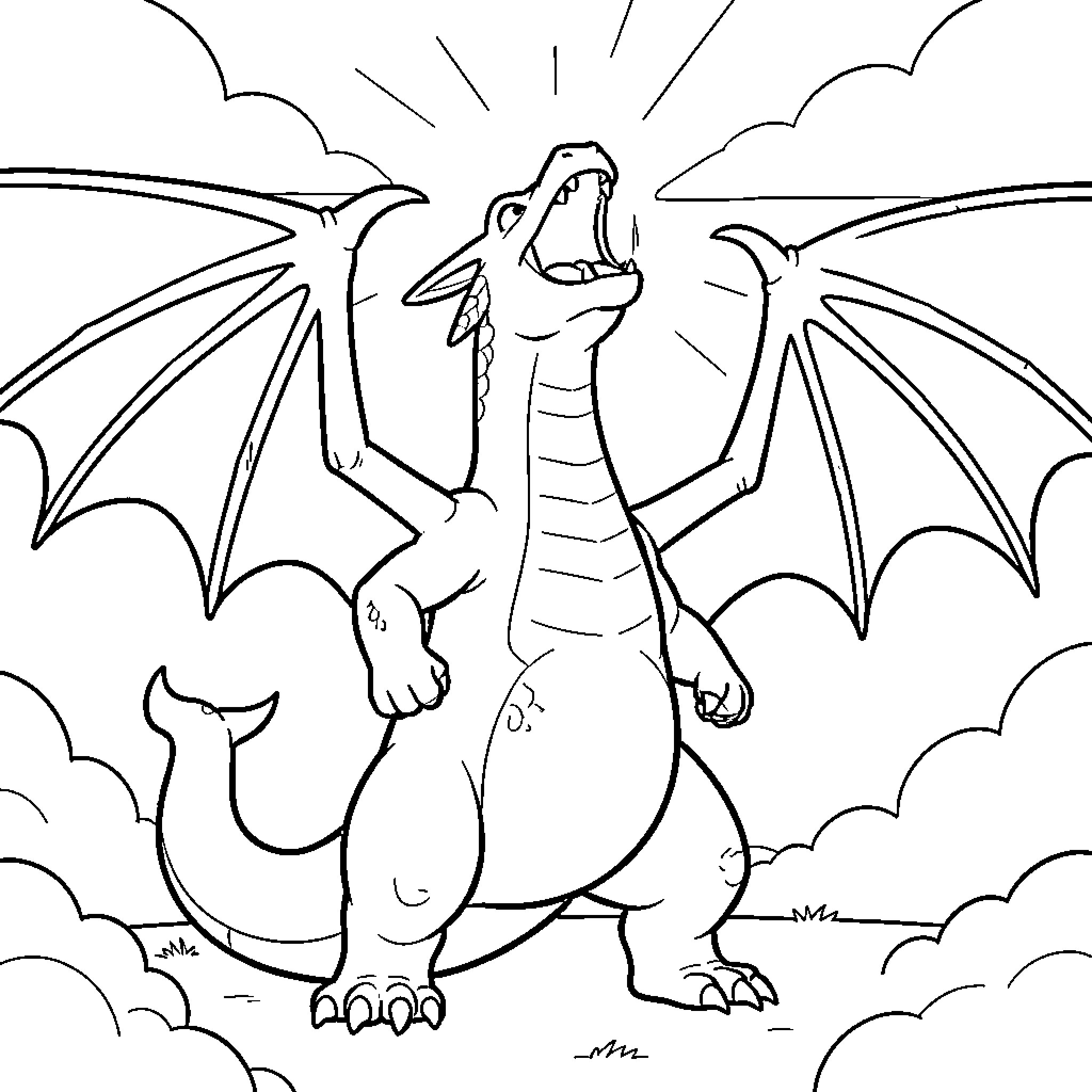 Charizard breathing fire in the sky Coloring Page (free black-and-white line drawing printable PDF for all, from beginners to advanced learners, including children, teens, adults, and seniors)
