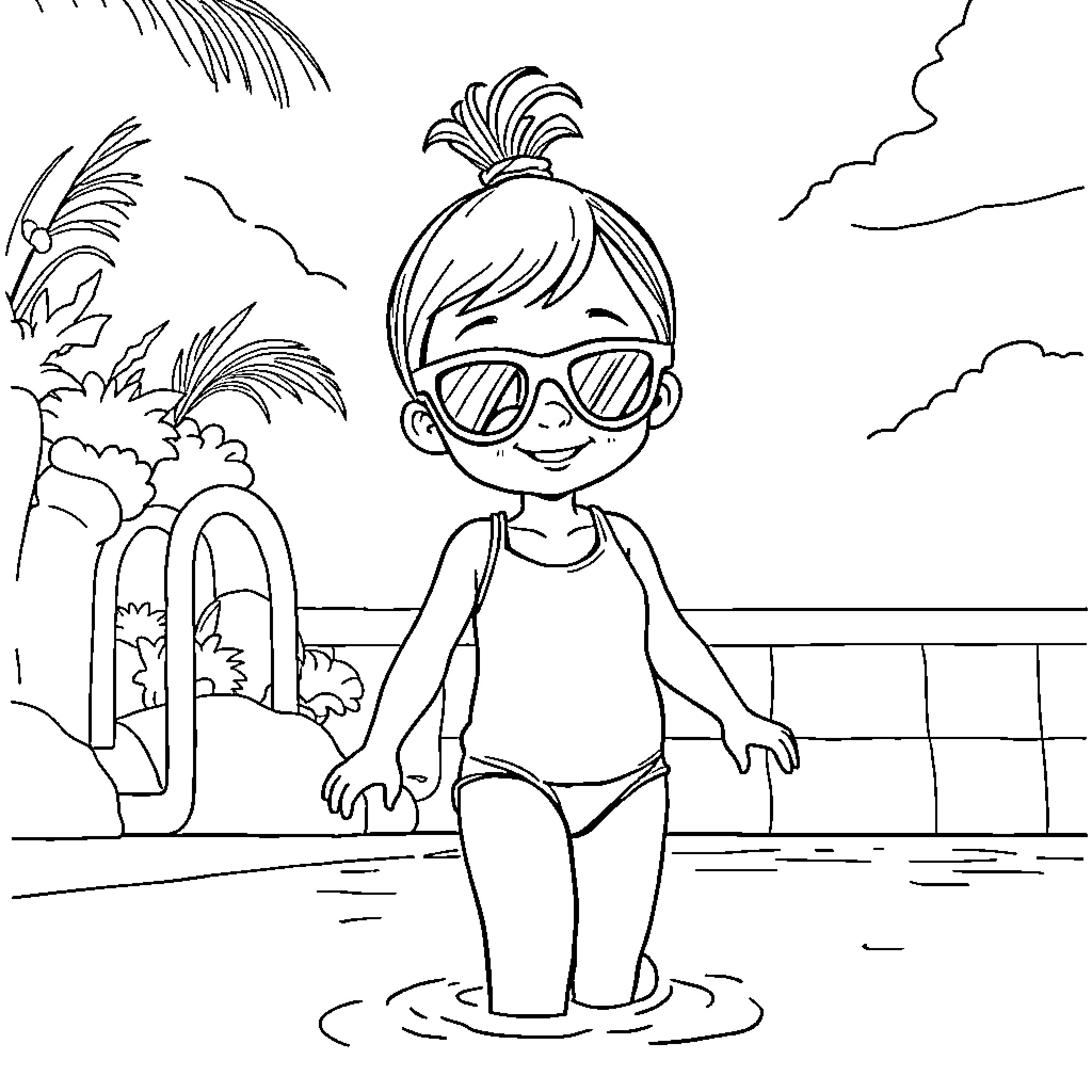 Fille enjoying a sunny day at the beach Coloring Page (free black-and-white line drawing printable PDF for all, from beginners to advanced learners, including children, teens, adults, and seniors)