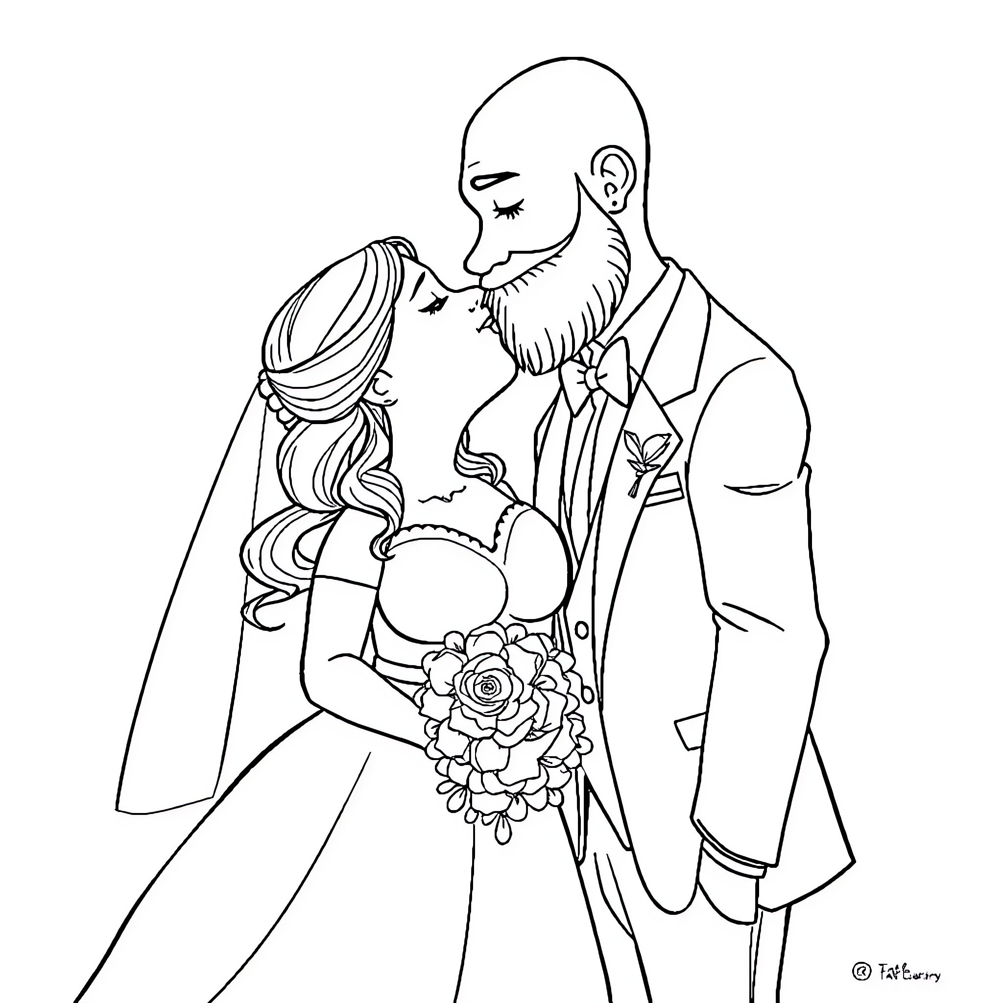 Bride and Groom Embracing on Their Wedding Day Coloring Page (free black-and-white line drawing printable PDF for all, from beginners to advanced learners, including children, teens, adults, and seniors)
