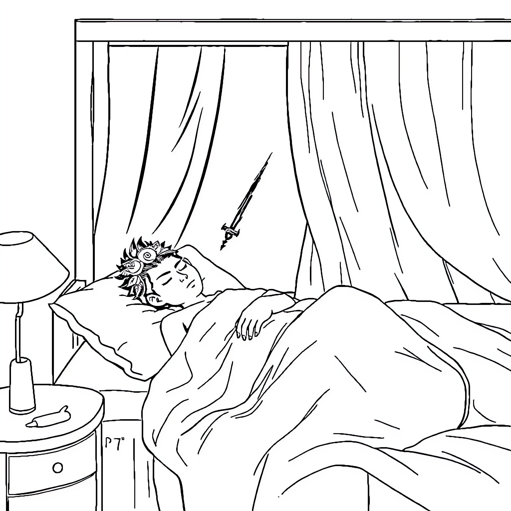 Sangoku's Peaceful Slumber Coloring Page (free black-and-white line drawing printable PDF for all, from beginners to advanced learners, including children, teens, adults, and seniors)