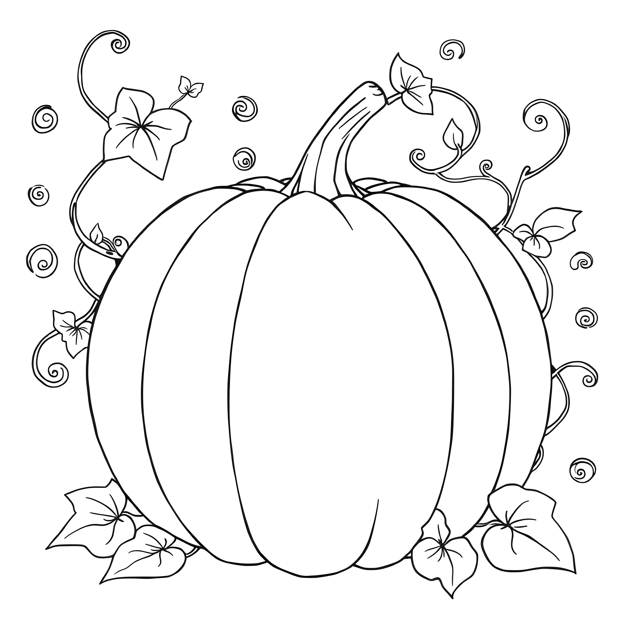 Pumpkin surrounded by swirling vines and flowers Coloring Page (free black-and-white line drawing printable PDF for all, from beginners to advanced learners, including children, teens, adults, and seniors)