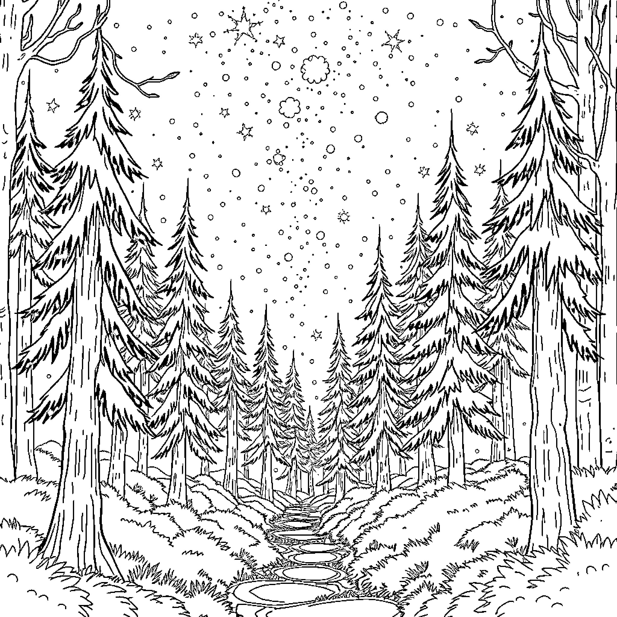 Forest scene with snowy trees and winding path Coloring Page (free black-and-white line drawing printable PDF for all, from beginners to advanced learners, including children, teens, adults, and seniors)