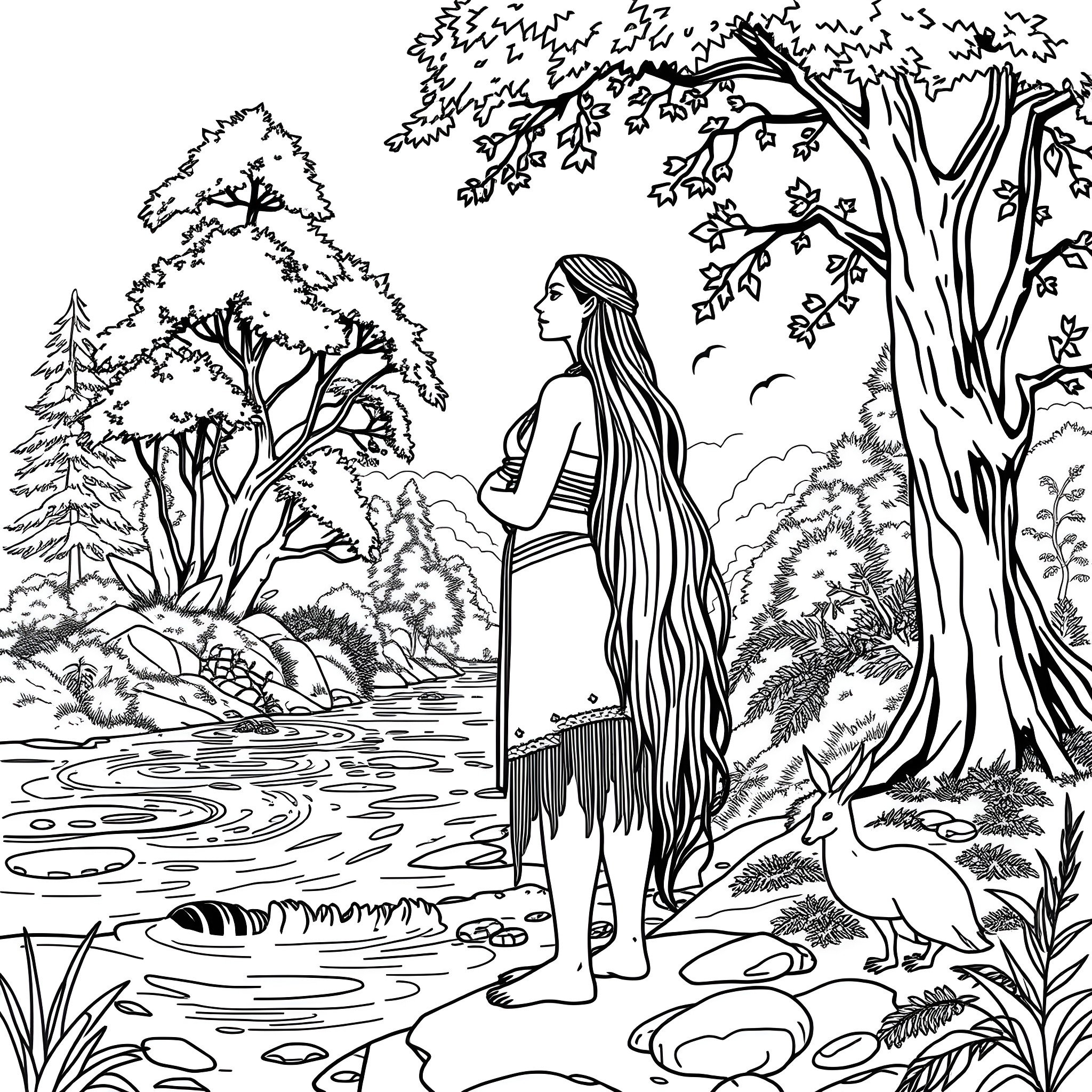 Pocahontas enjoying the serene wilderness landscape Coloring Page (free black-and-white line drawing printable PDF for all, from beginners to advanced learners, including children, teens, adults, and seniors)