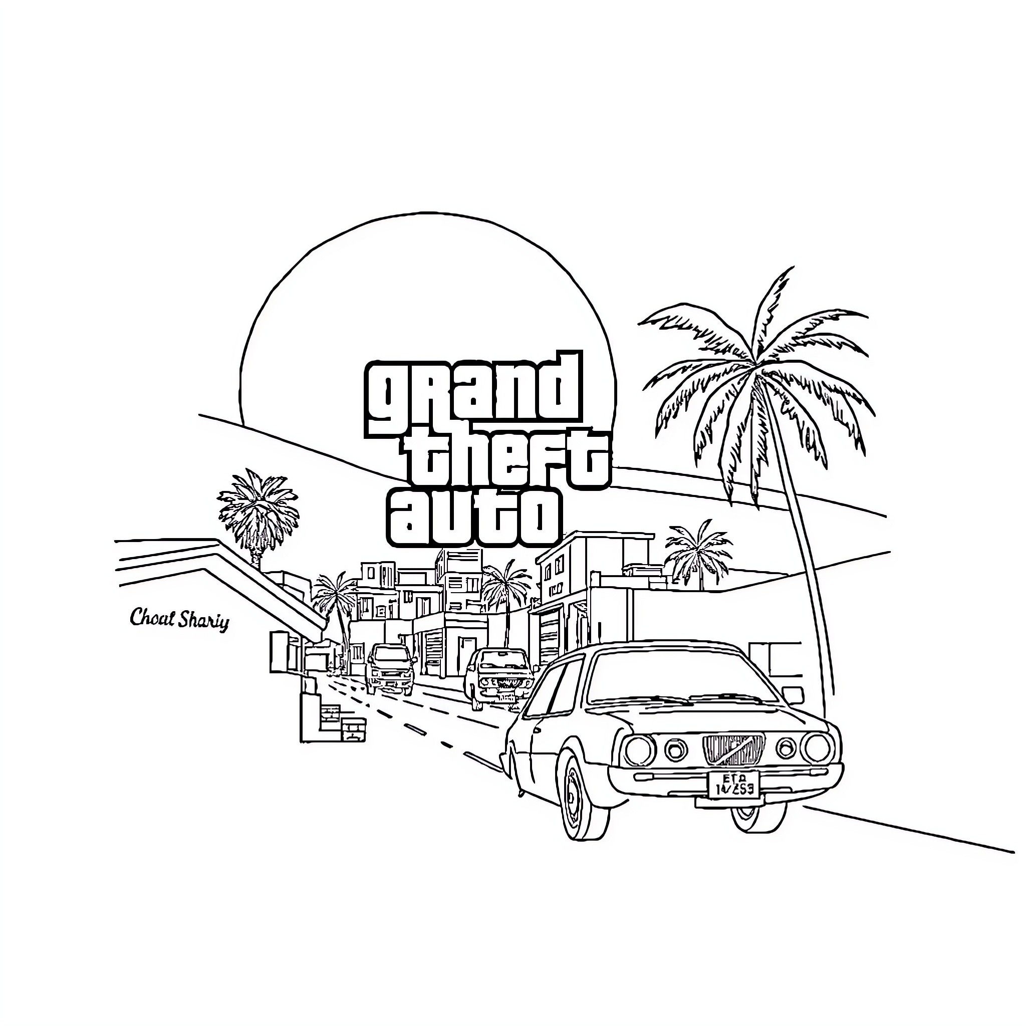 GTA Cityscape with Classic Car and Palm Trees Coloring Page (free black-and-white line drawing printable PDF for all, from beginners to advanced learners, including children, teens, adults, and seniors)