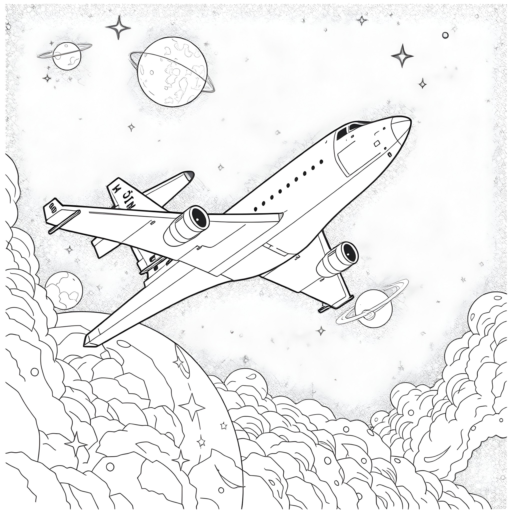 Galaxy plane soaring through the cosmic sky Coloring Page (free black-and-white line drawing printable PDF for all, from beginners to advanced learners, including children, teens, adults, and seniors)