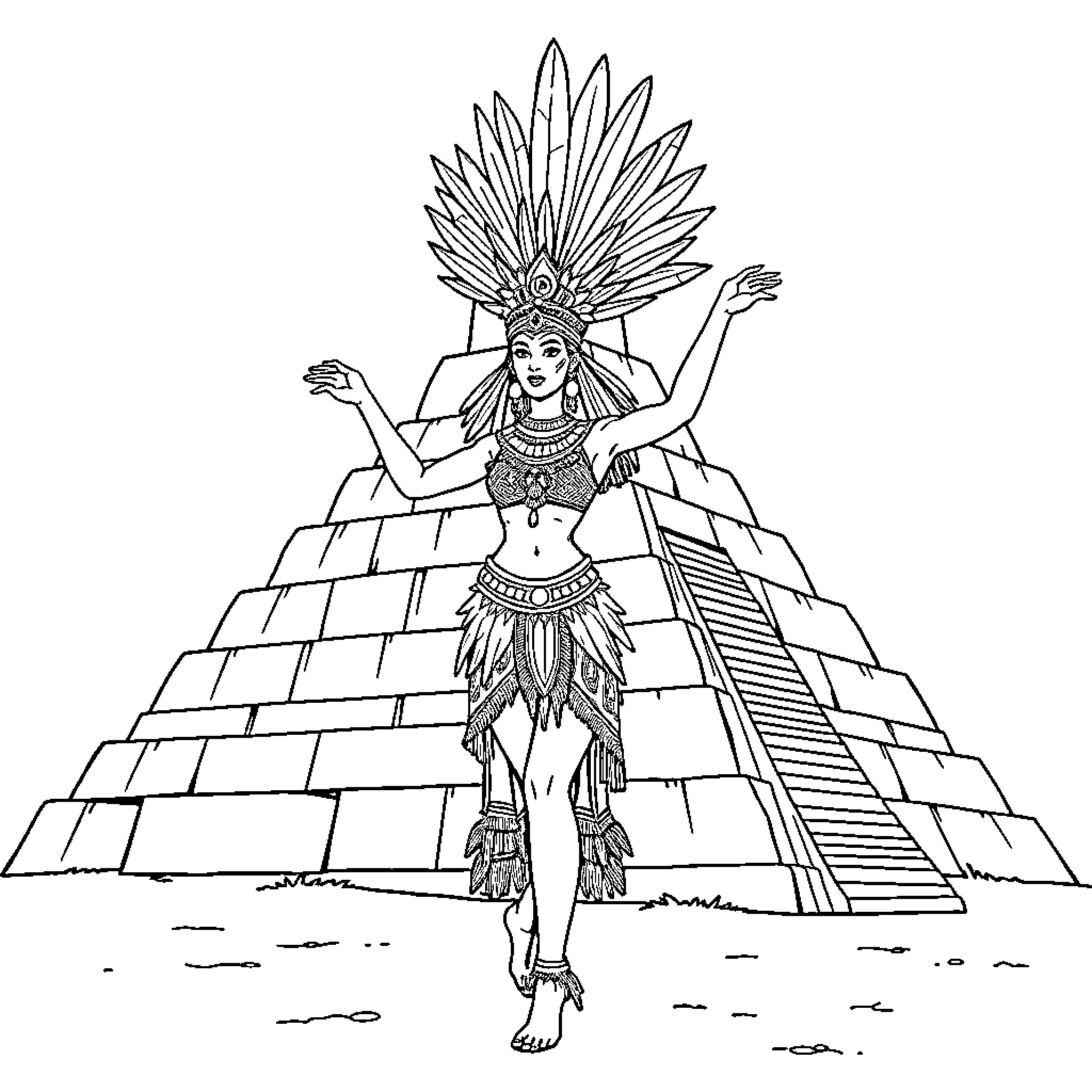Aztec Dancer Performing Ritual on Pyramid Coloring Page (free black-and-white line drawing printable PDF for all, from beginners to advanced learners, including children, teens, adults, and seniors)