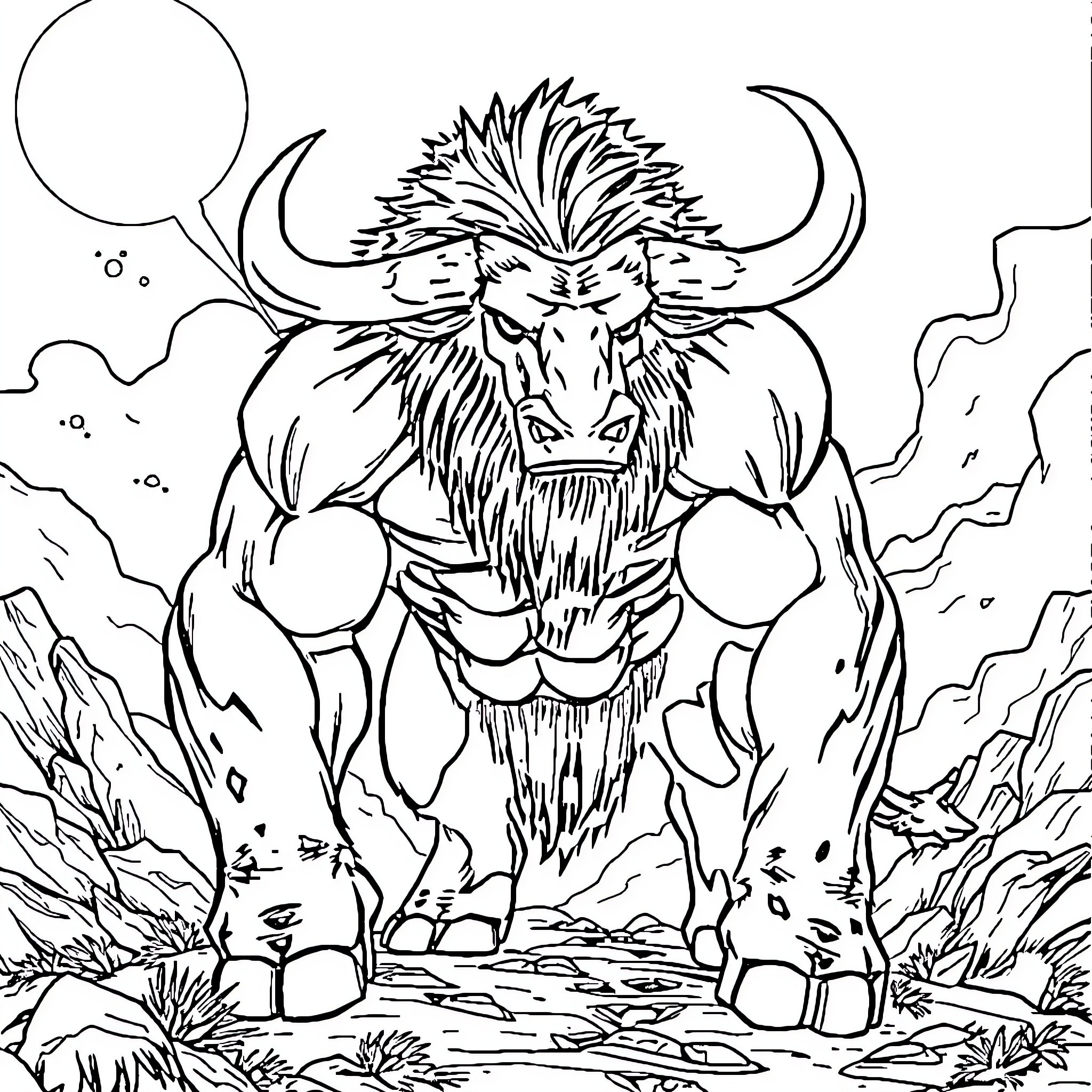 Minotaur emerging from the mystical wilderness Coloring Page (free black-and-white line drawing printable PDF for all, from beginners to advanced learners, including children, teens, adults, and seniors)
