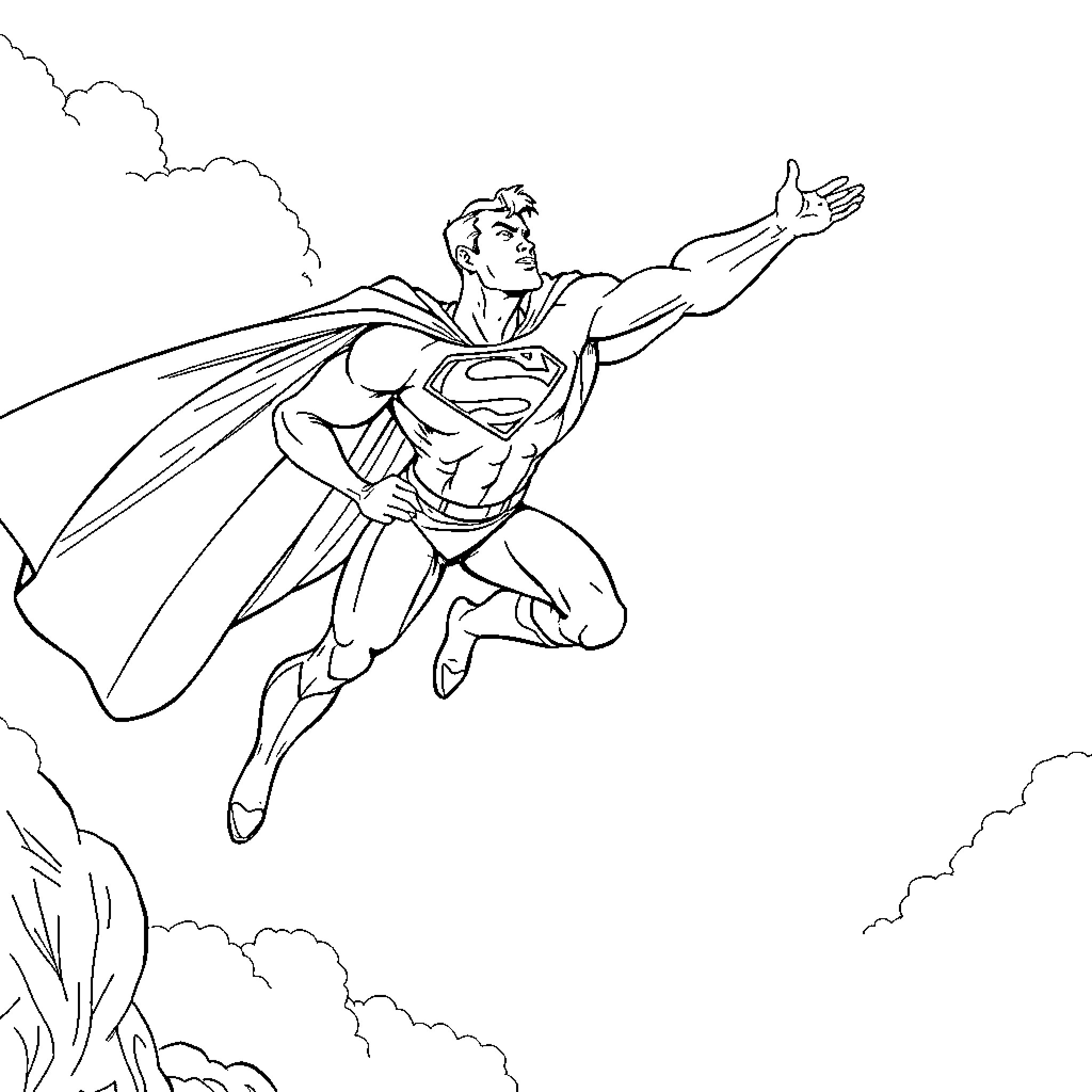 Superman soaring heroically through the skies Coloring Page (free black-and-white line drawing printable PDF for all, from beginners to advanced learners, including children, teens, adults, and seniors)