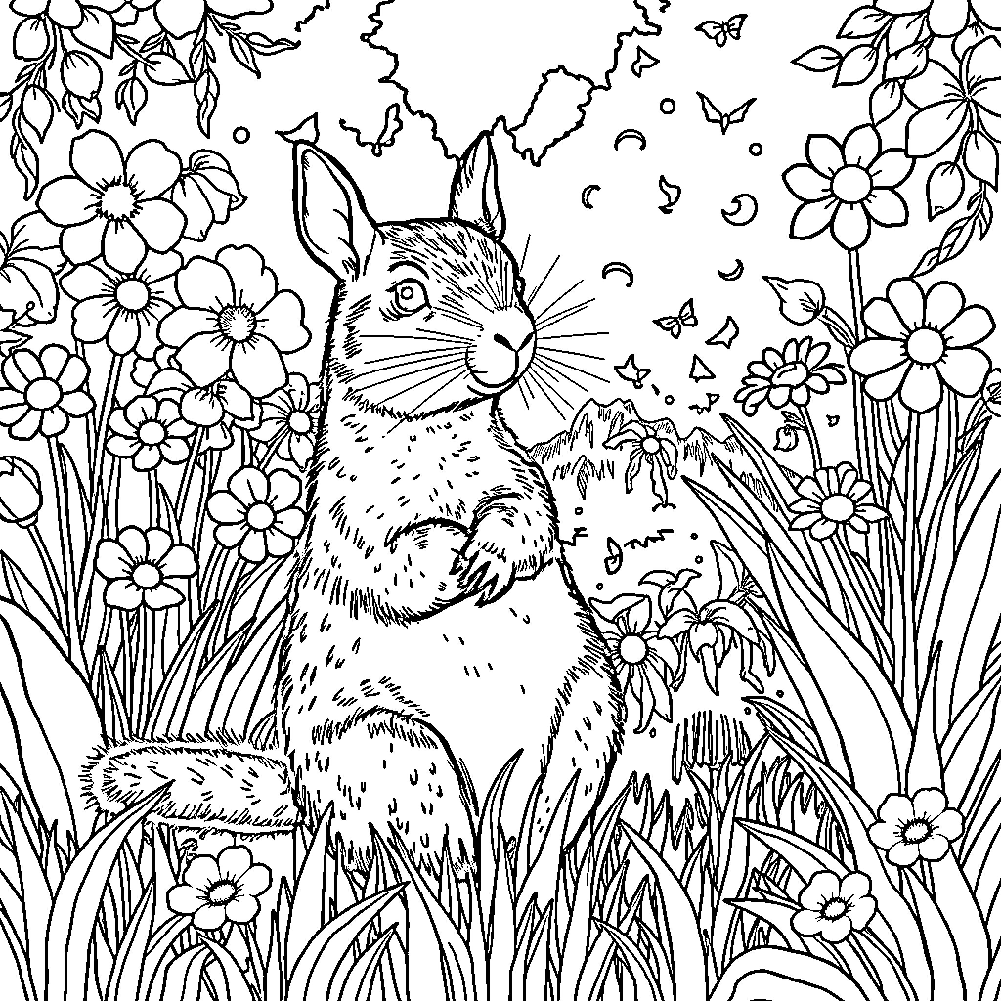 Capybara enjoying the floral meadow Coloring Page (free black-and-white line drawing printable PDF for all, from beginners to advanced learners, including children, teens, adults, and seniors)