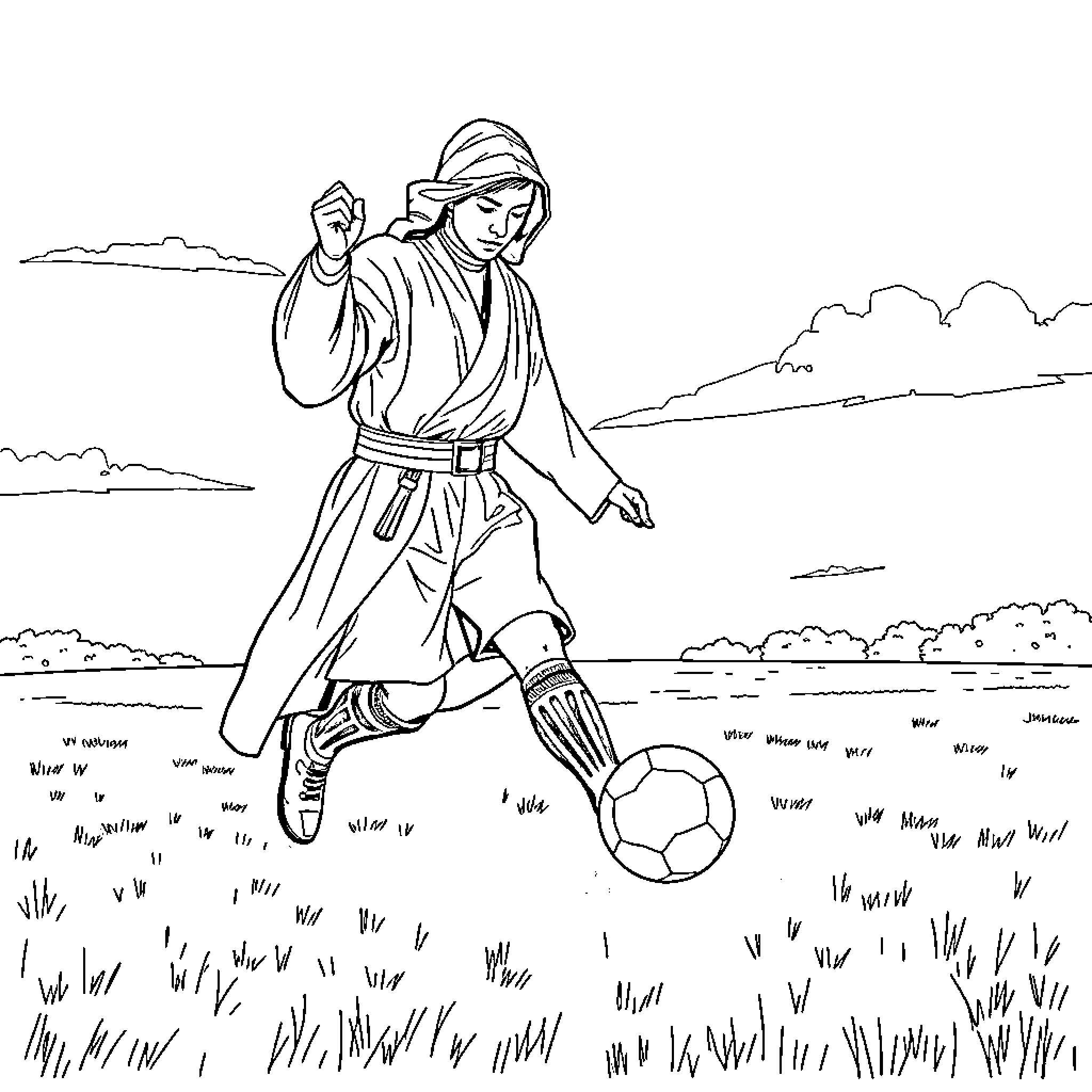 Obi-Wan Kenobi playing football in the open field Coloring Page (free black-and-white line drawing printable PDF for all, from beginners to advanced learners, including children, teens, adults, and seniors)