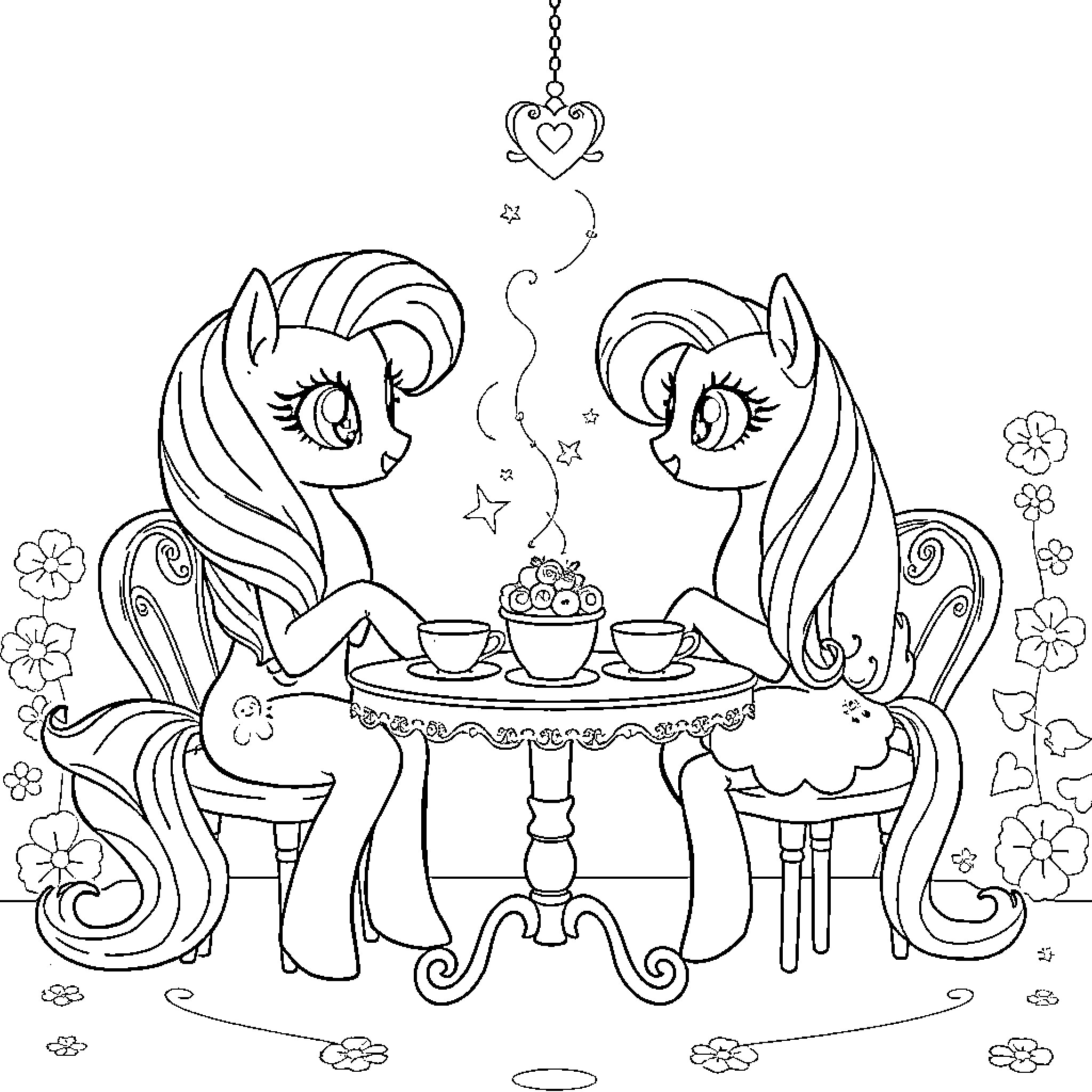 Fluttershy's Cozy Tea Party with Friends Coloring Page (free black-and-white line drawing printable PDF for all, from beginners to advanced learners, including children, teens, adults, and seniors)
