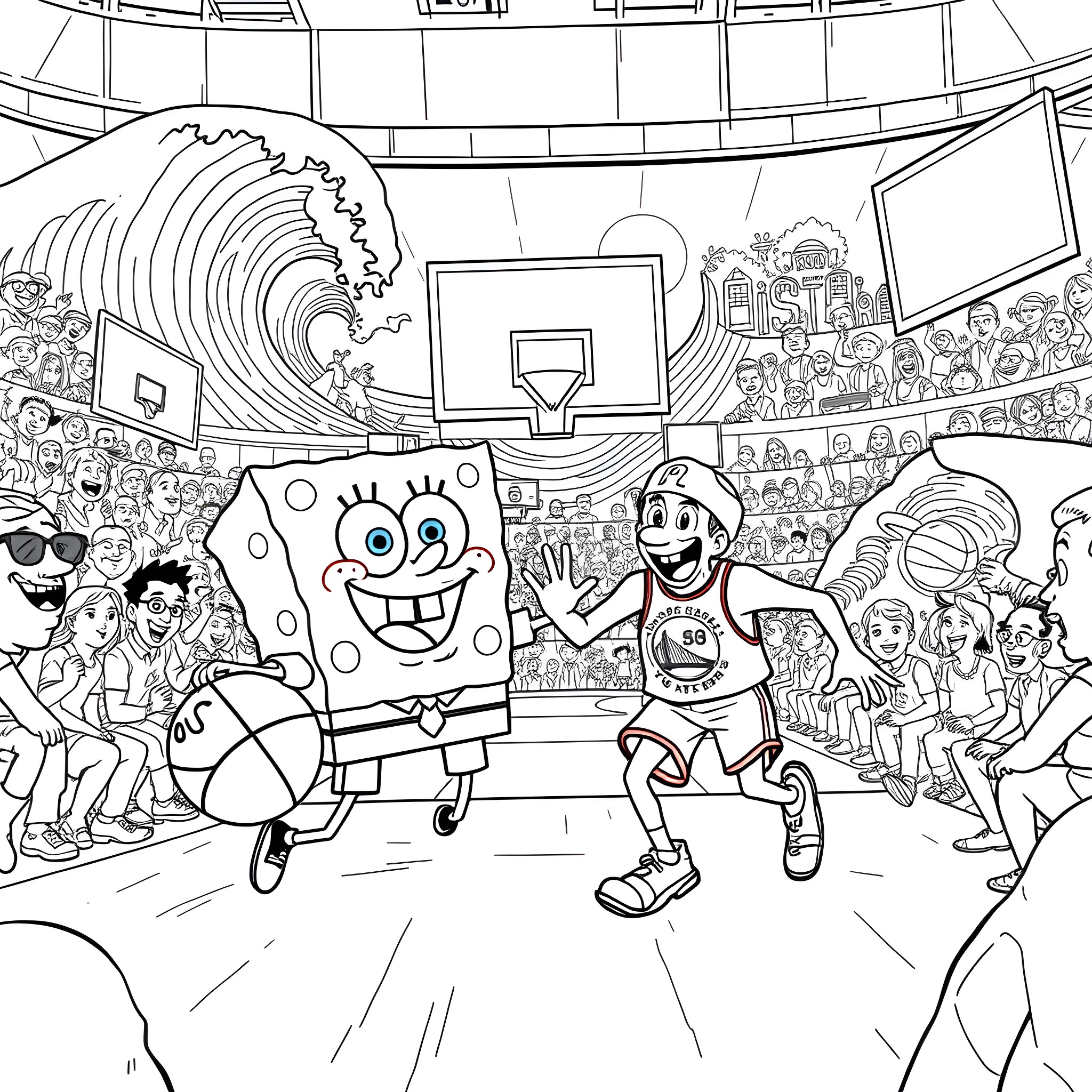 Spongebob and friends playing basketball in a crowded stadium Coloring Page (free black-and-white line drawing printable PDF for all, from beginners to advanced learners, including children, teens, adults, and seniors)