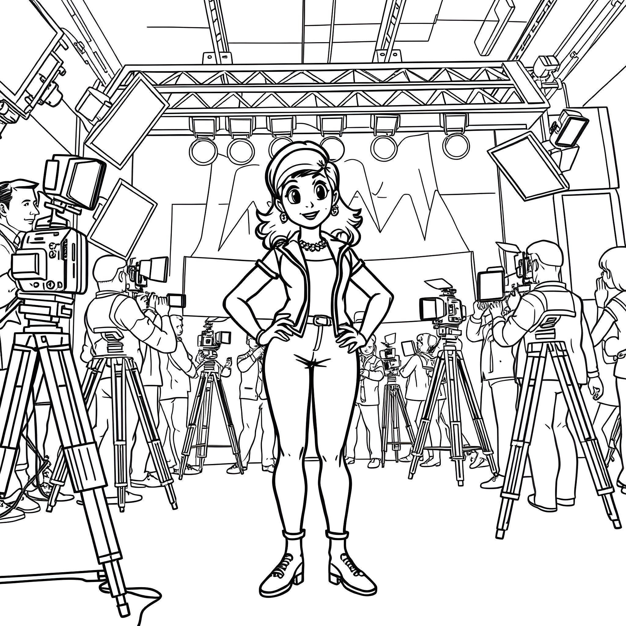 Piper Perry on a film set with crew and equipment Coloring Page (free black-and-white line drawing printable PDF for all, from beginners to advanced learners, including children, teens, adults, and seniors)