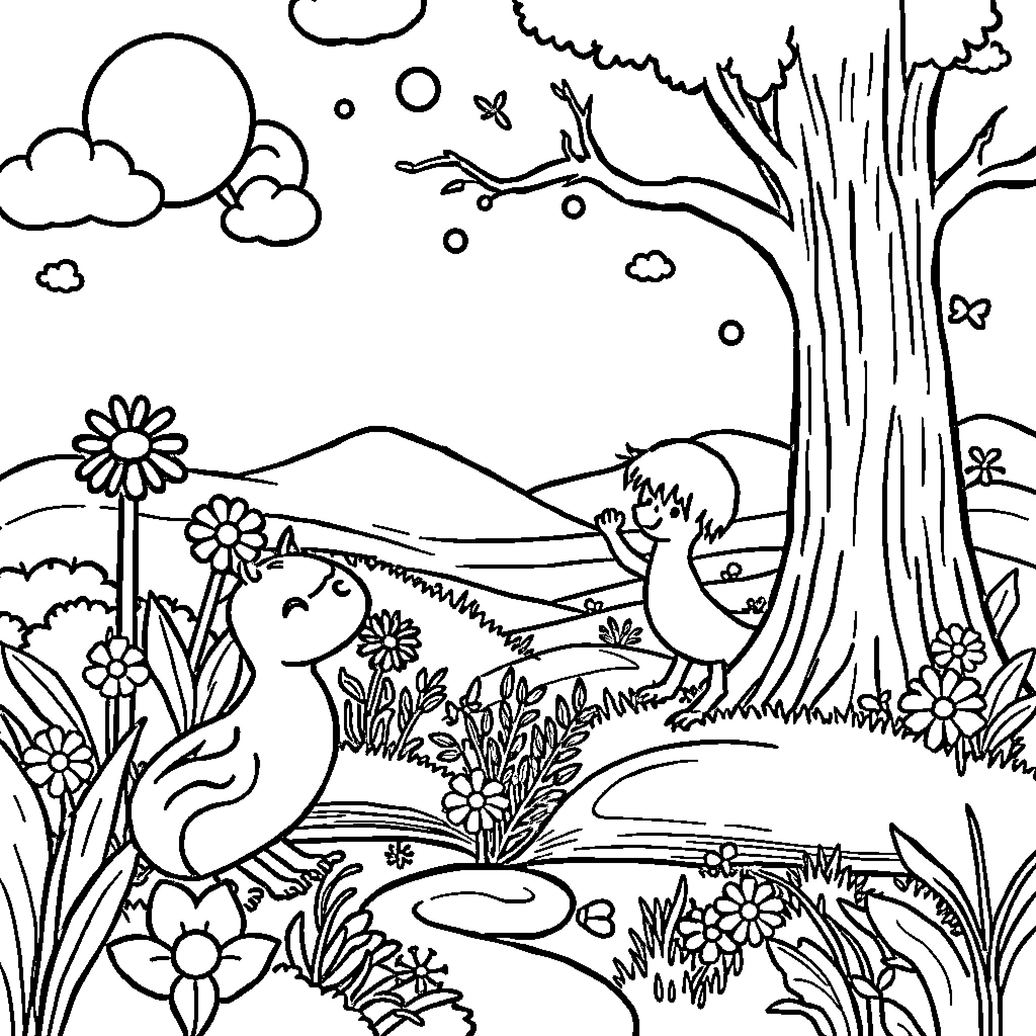 Book of Peaceful Nature Scene with Flowers and Tree Coloring Page (free black-and-white line drawing printable PDF for all, from beginners to advanced learners, including children, teens, adults, and seniors)
