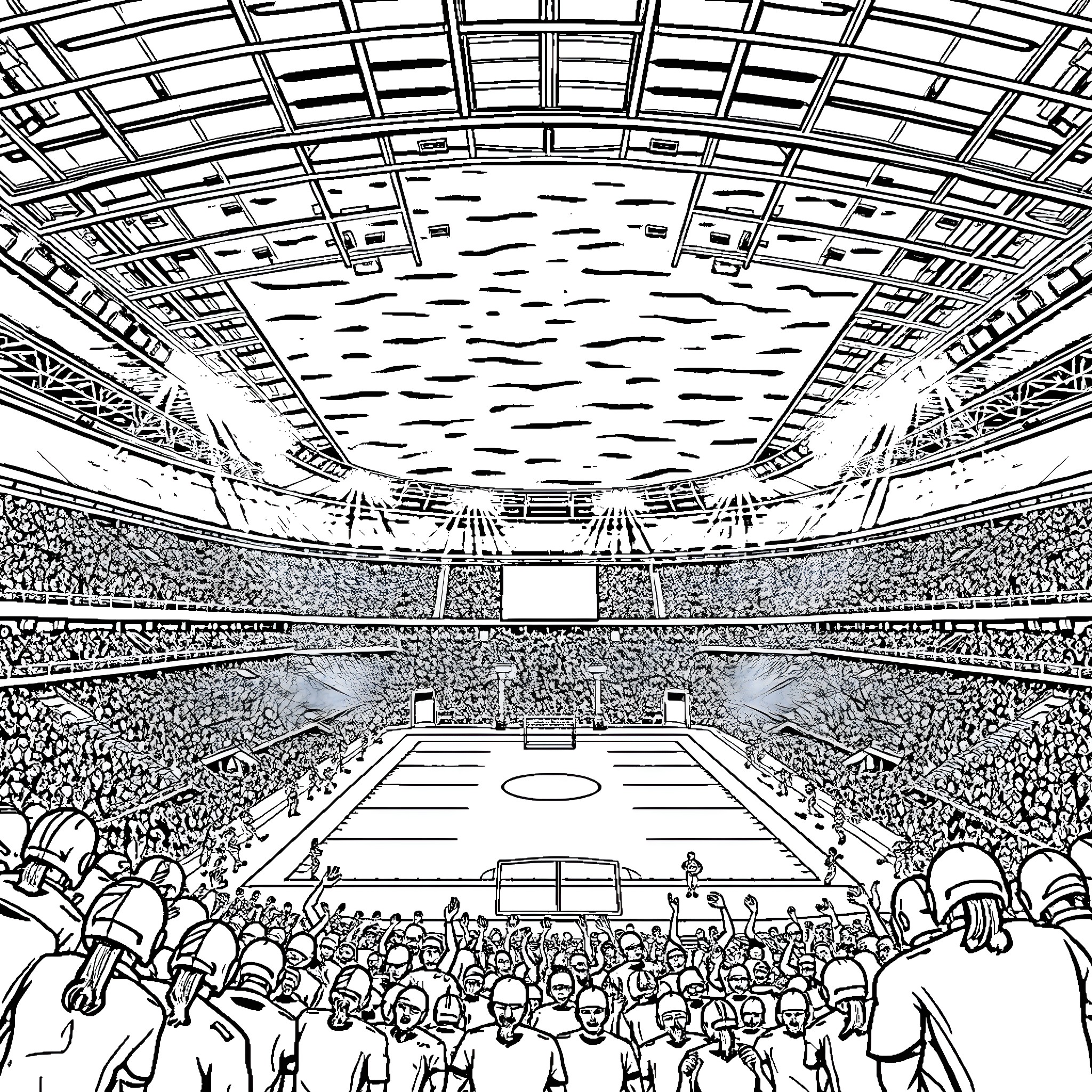 Football Stadium Packed with Fans and Players Coloring Page (free black-and-white line drawing printable PDF for all, from beginners to advanced learners, including children, teens, adults, and seniors)