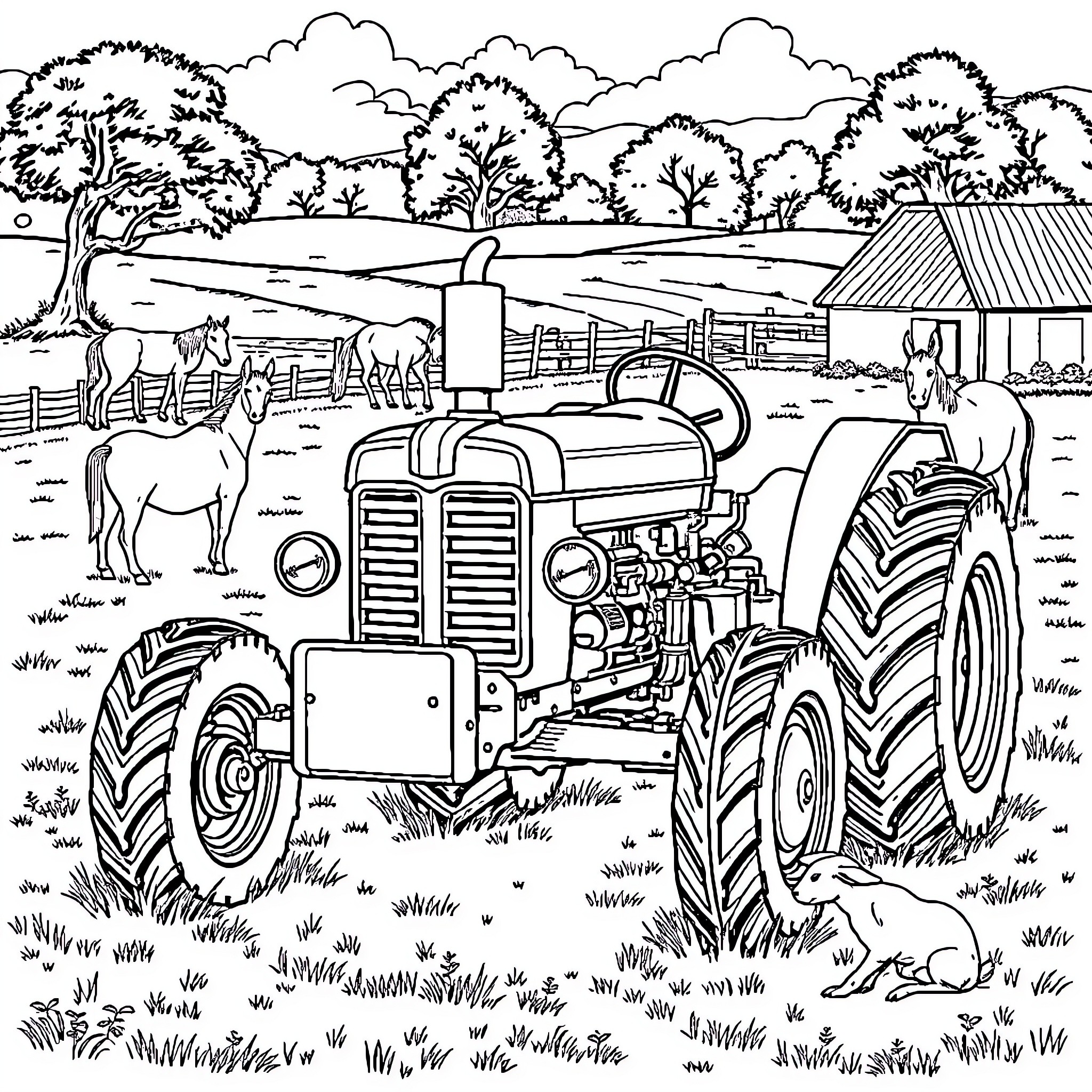 Tractor plowing through a pastoral countryside scene Coloring Page (free black-and-white line drawing printable PDF for all, from beginners to advanced learners, including children, teens, adults, and seniors)