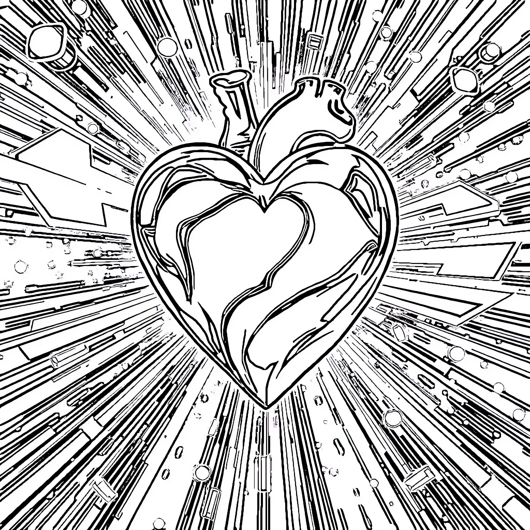 Heart bursting with energy and passion Coloring Page (free black-and-white line drawing printable PDF for all, from beginners to advanced learners, including children, teens, adults, and seniors)