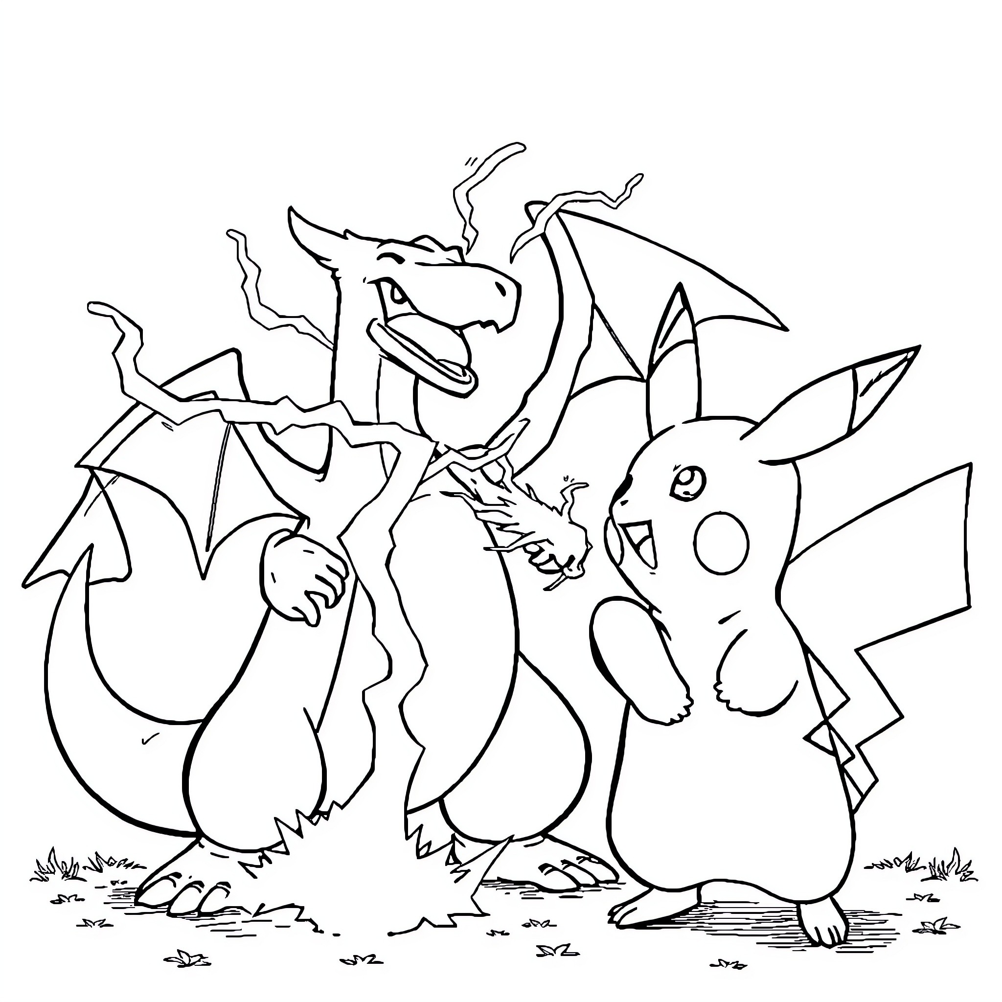 Pikachu and Dragon Playfully Interacting Coloring Page (free black-and-white line drawing printable PDF for all, from beginners to advanced learners, including children, teens, adults, and seniors)