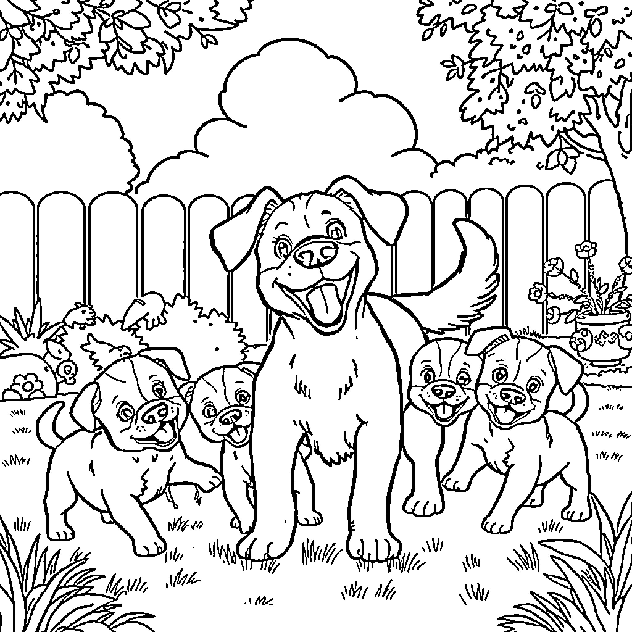 Dog enjoying time with friends in the backyard Coloring Page (free black-and-white line drawing printable PDF for all, from beginners to advanced learners, including children, teens, adults, and seniors)
